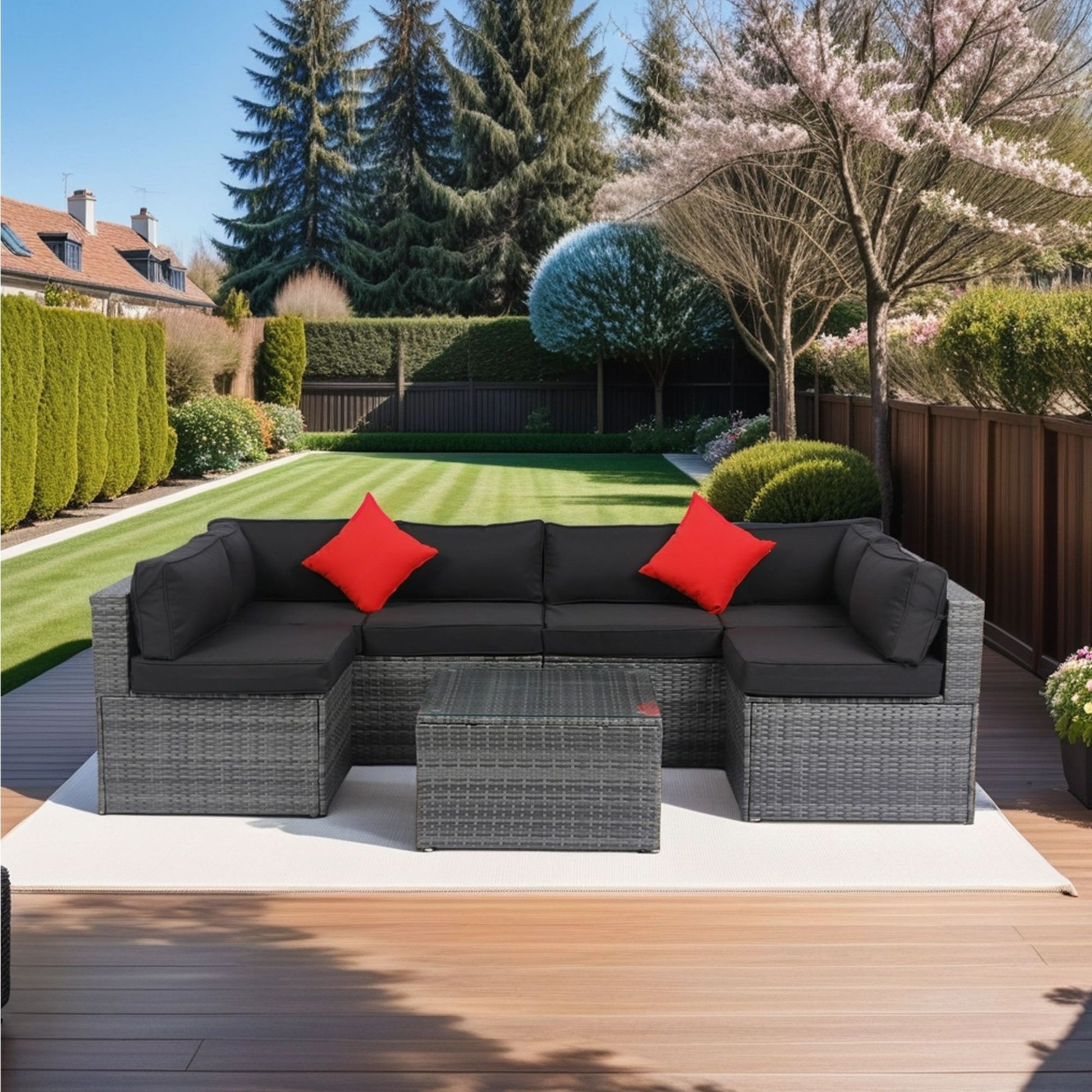 5 Pieces Rattan Sectional Outdoor Furniture Cushioned U Sof Set With 2 Pillow - Gray / Black - Best Buy Furniture