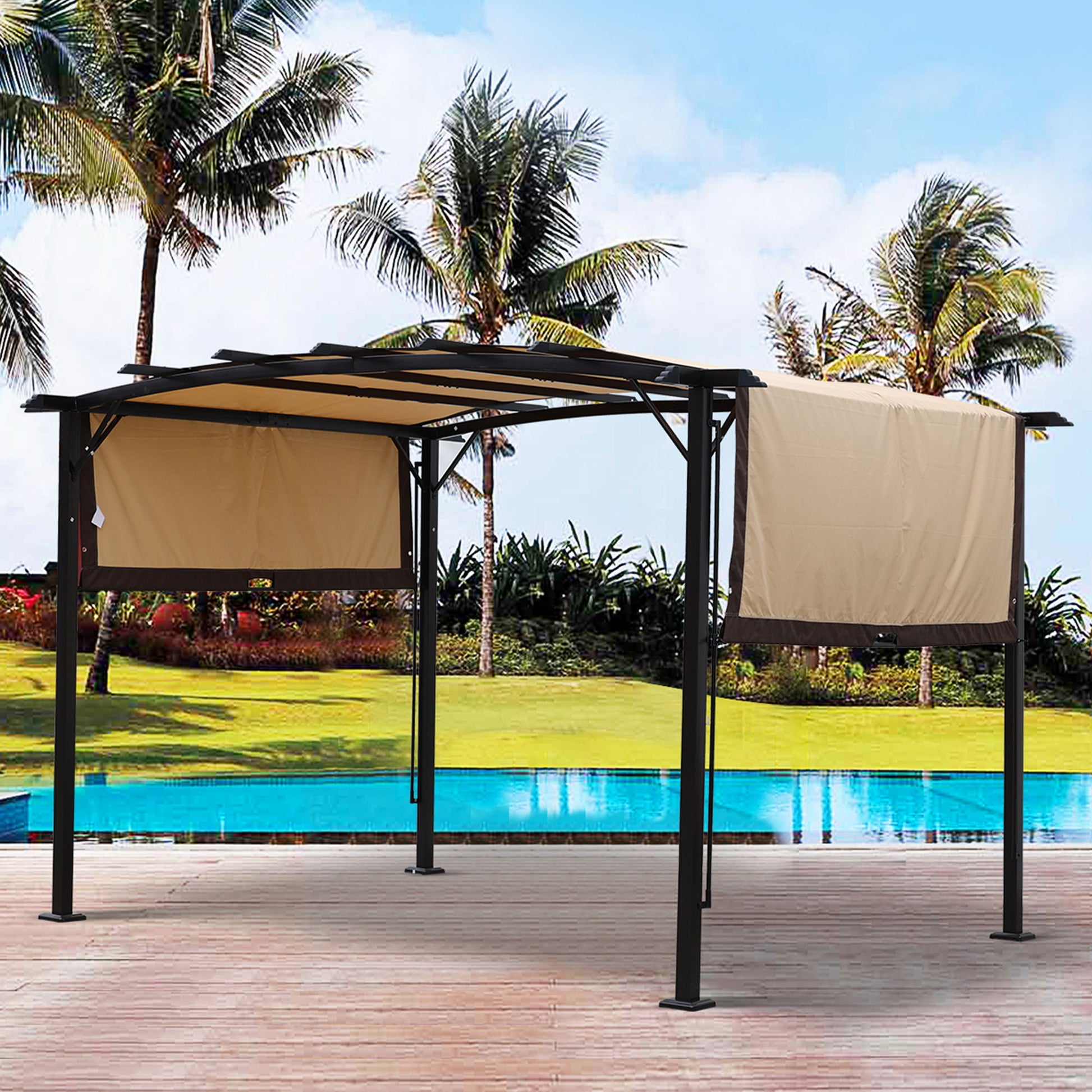 Outdoor Patio Pergola Gazebo - Steel Frame Sun Shelter With Retractable Canopy - Best Buy Furniture