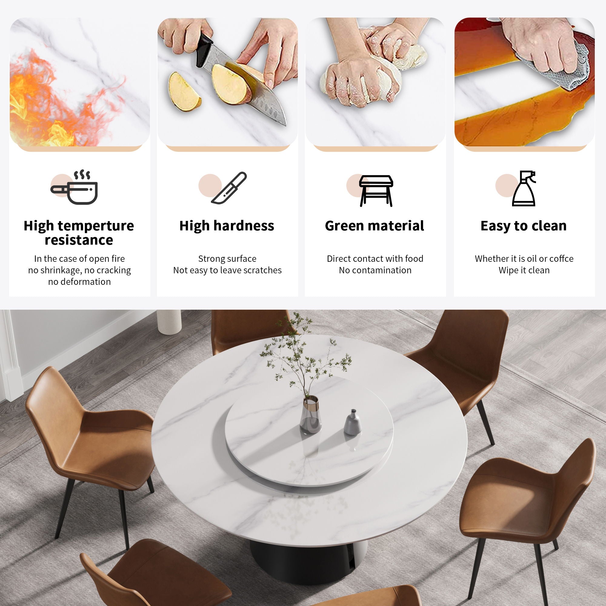 Modern Artificial Stone Round Carbon Steel Base Dining Table, Can Accommodate 6 People, Black Artificial Stone Turntable - Best Buy Furniture