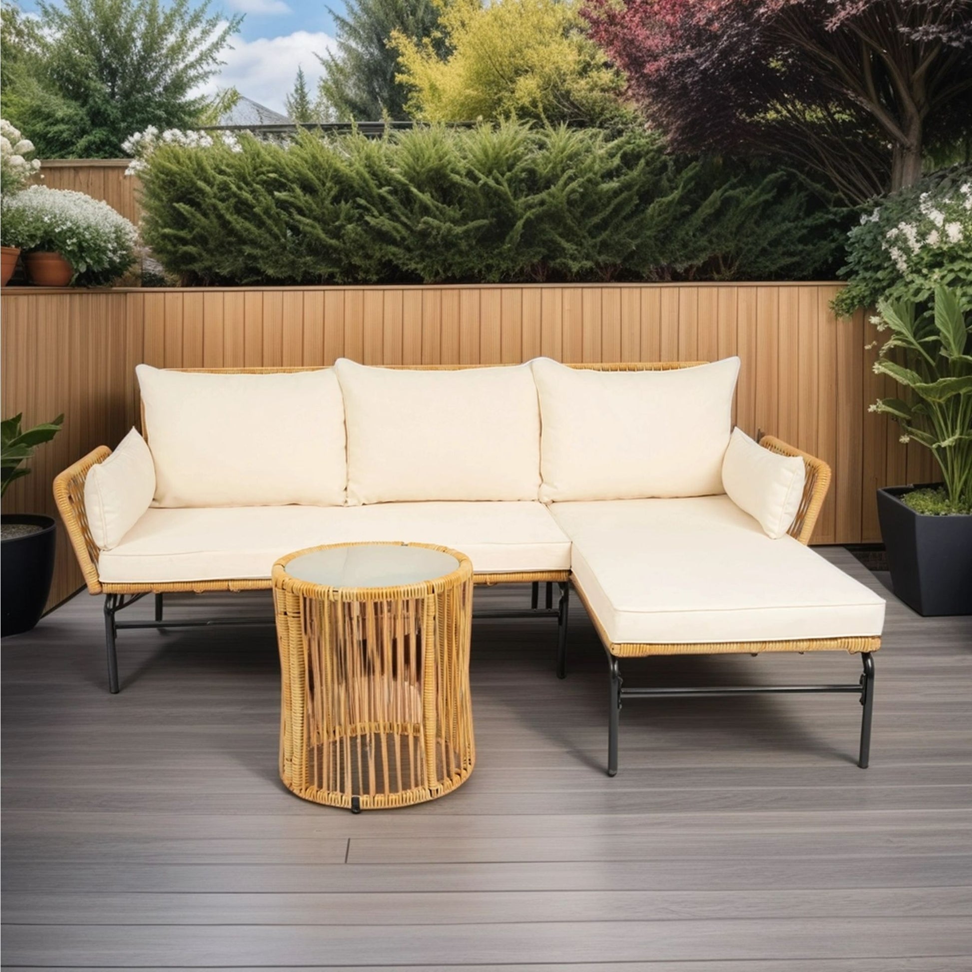 3 Pieces Outdoor Patio Wicker Furniture Sets Table And Chairs With Thick Cushion Outdoor Sofa Set Wicker And Cushion - Natural Yellow / Creme - Best Buy Furniture