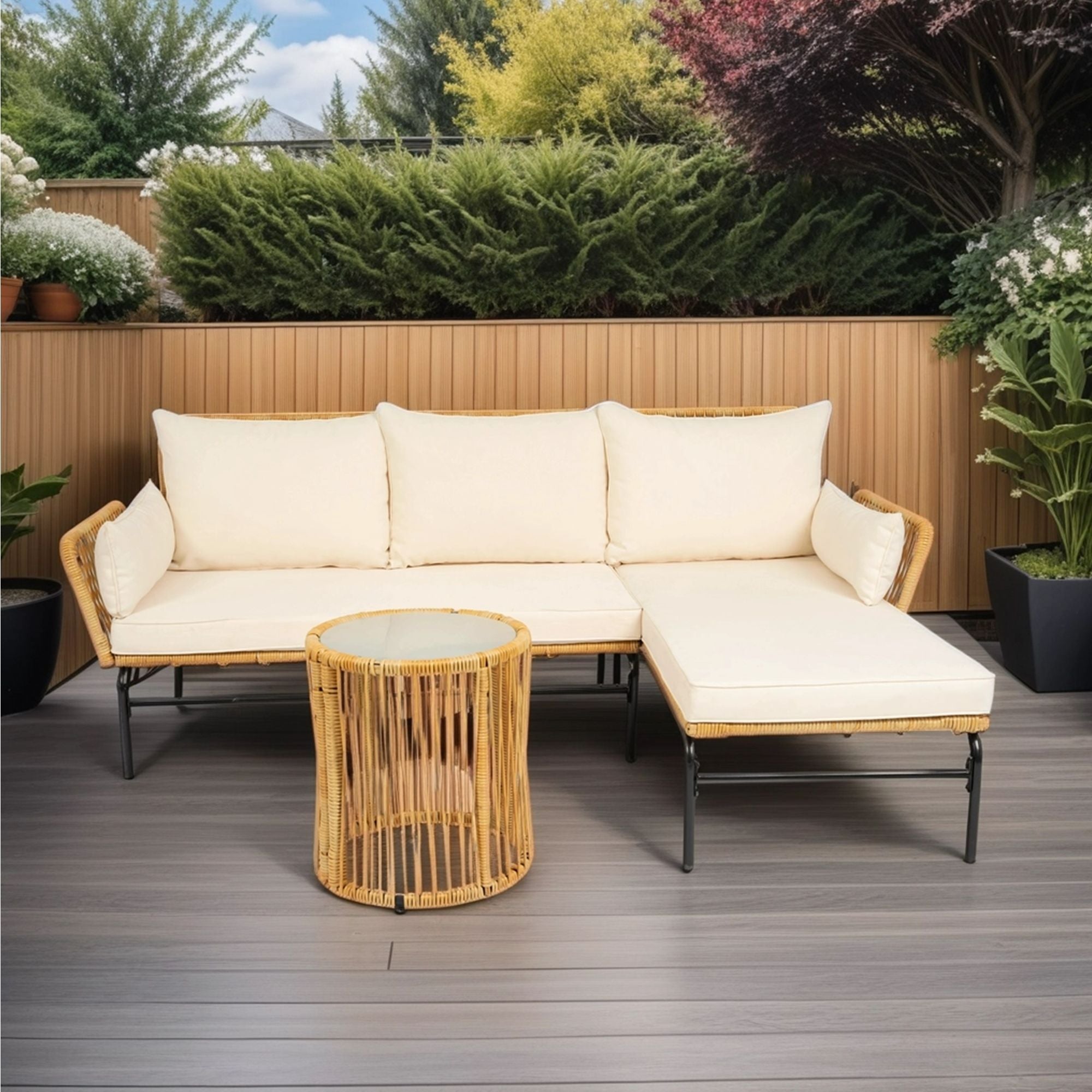 3 Pieces Outdoor Patio Wicker Furniture Sets Table And Chairs With Thick Cushion Outdoor Sofa Set Wicker And Cushion - Natural Yellow / Creme - Best Buy Furniture