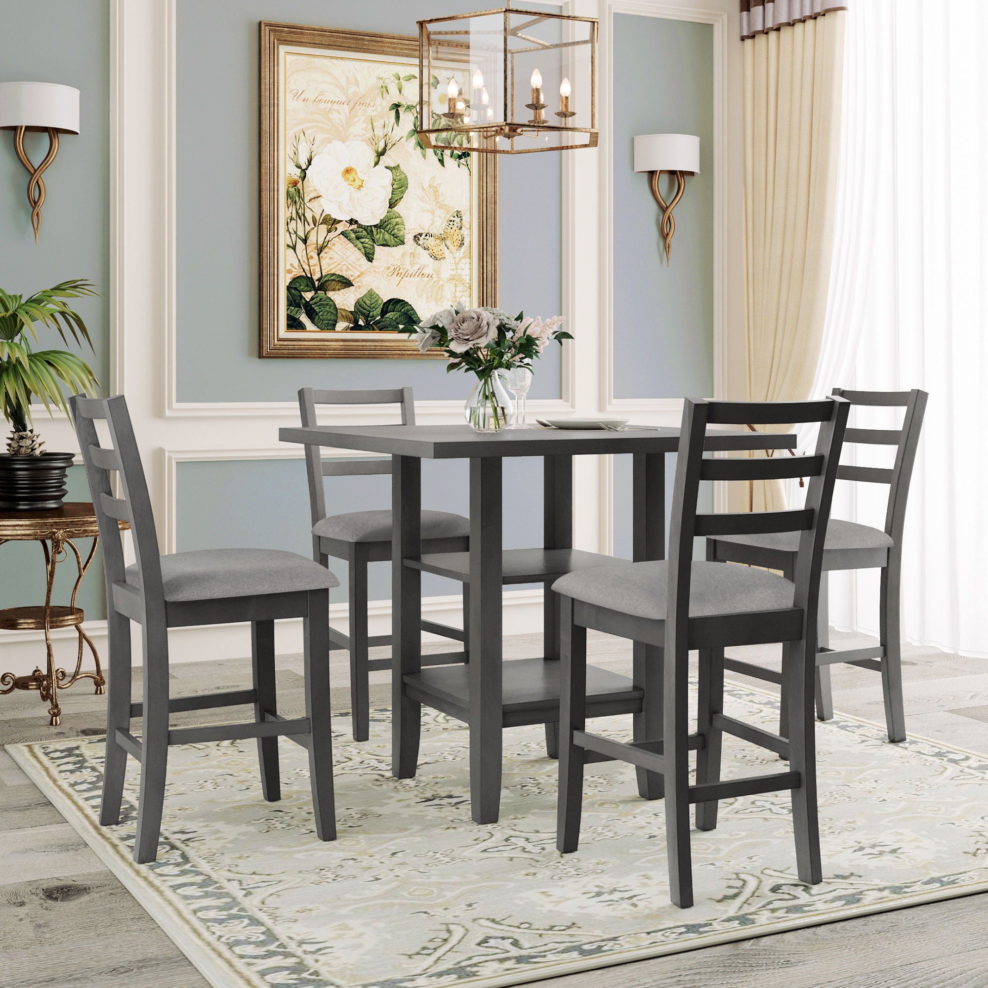 5 Piece Wooden Counter Height Dining Set With Padded Chairs, Storage Shelving - Best Buy Furniture