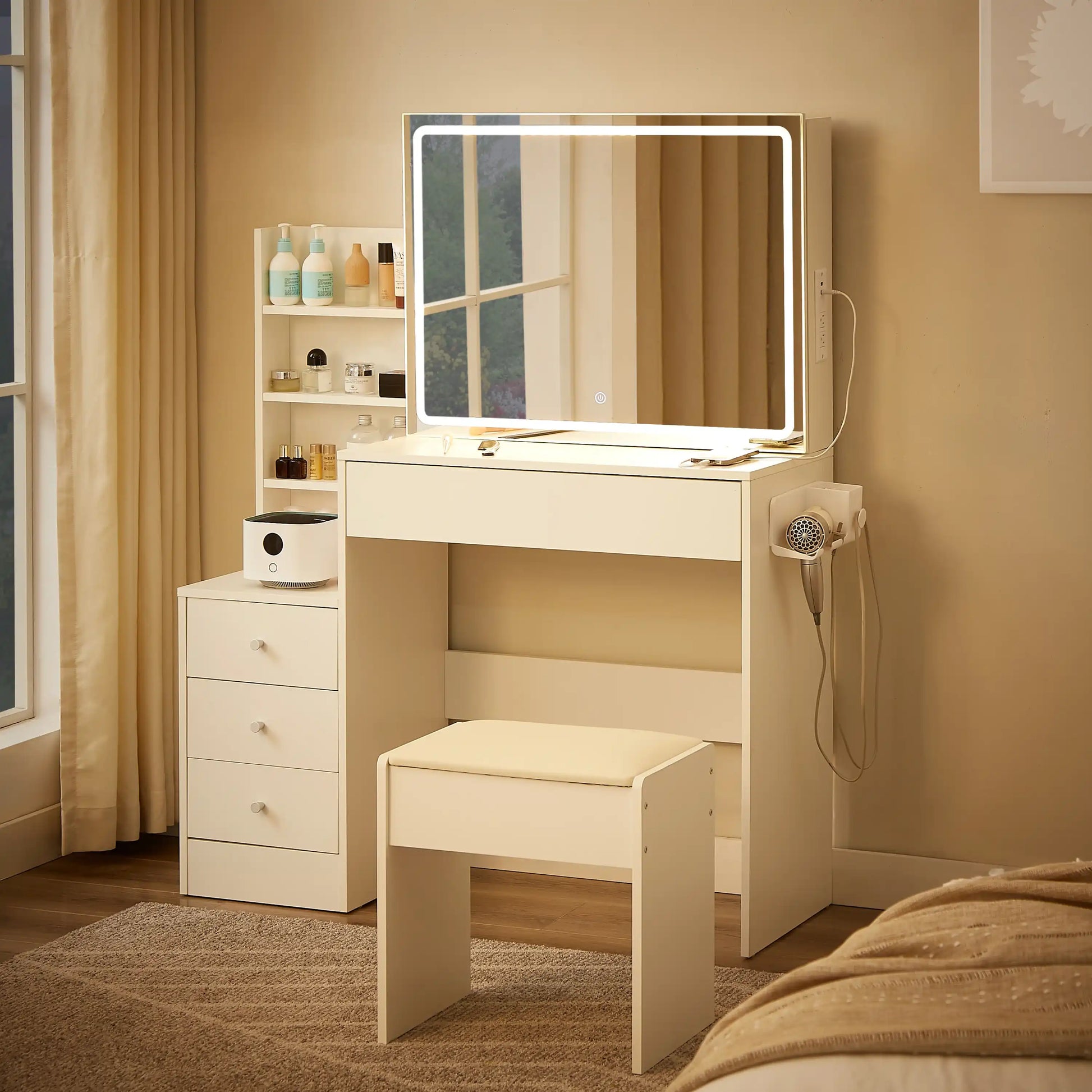 LED Vanity Table with Mirror & Stool, White - Best Buy Furniture