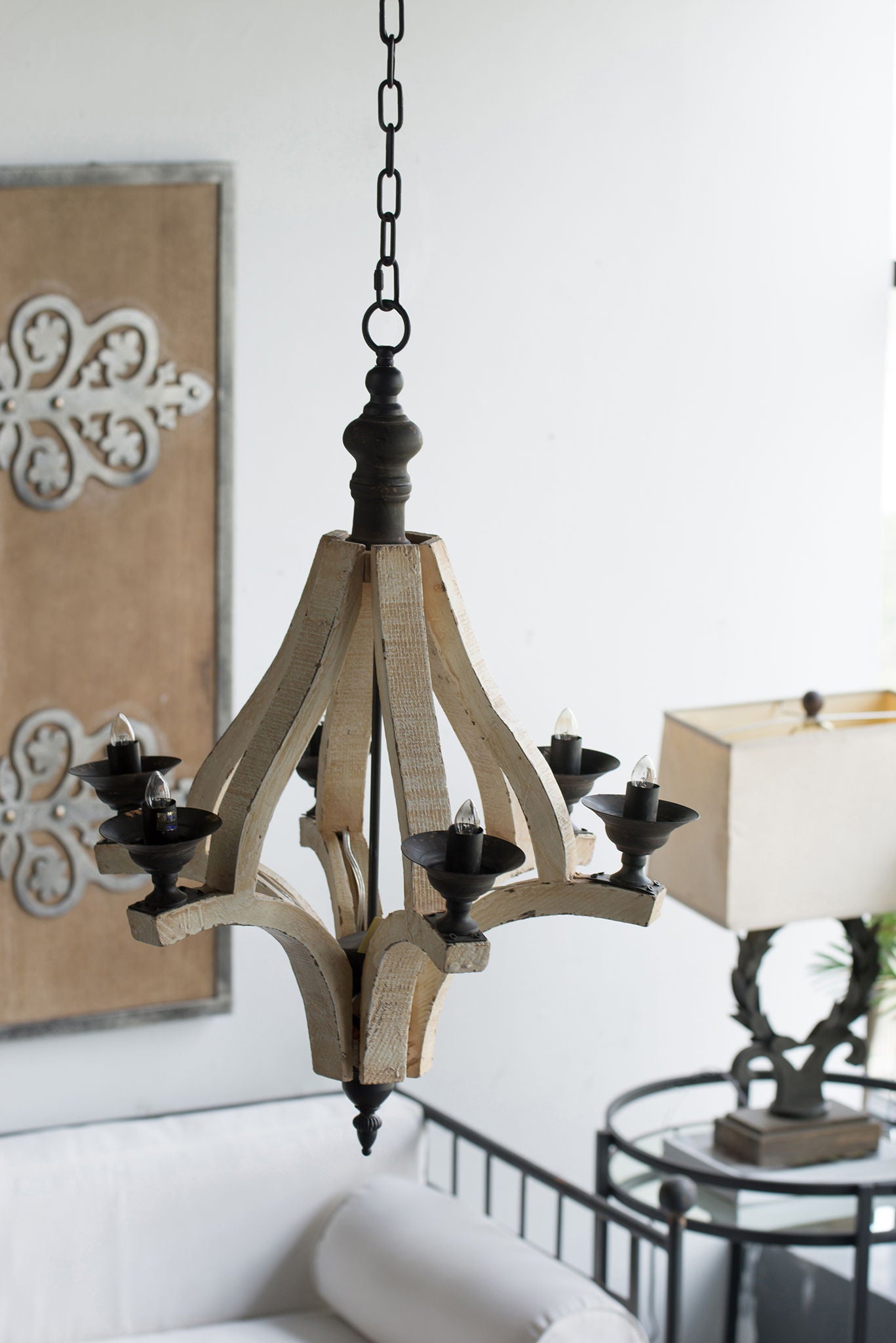 6 Light Wood Chandelier, Hanging Light Fixture With Adjustable Chain For Kitchen, Bulb Not Included - Cream - Best Buy Furniture