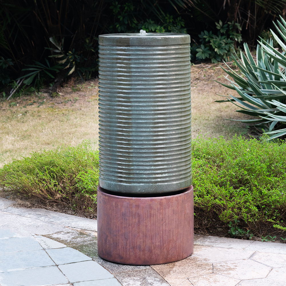 Large Modern Cylinder Ribbed Tower Water Fountain, Contemporary Outdoor Bird Bath - Best Buy Furniture