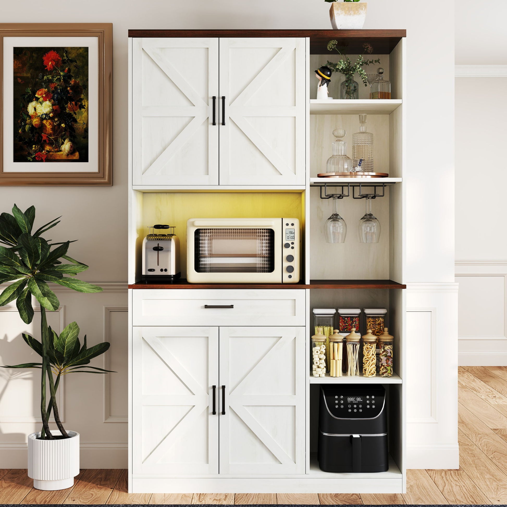 Farmhouse Kitchen Pantry Sideboard With Cabinet And Drawer, Multi Functional Kitchen Buffet With Hutch And Glass Holder, Microwave Stand With Charging Station - Brown / Antique White - Best Buy Furniture
