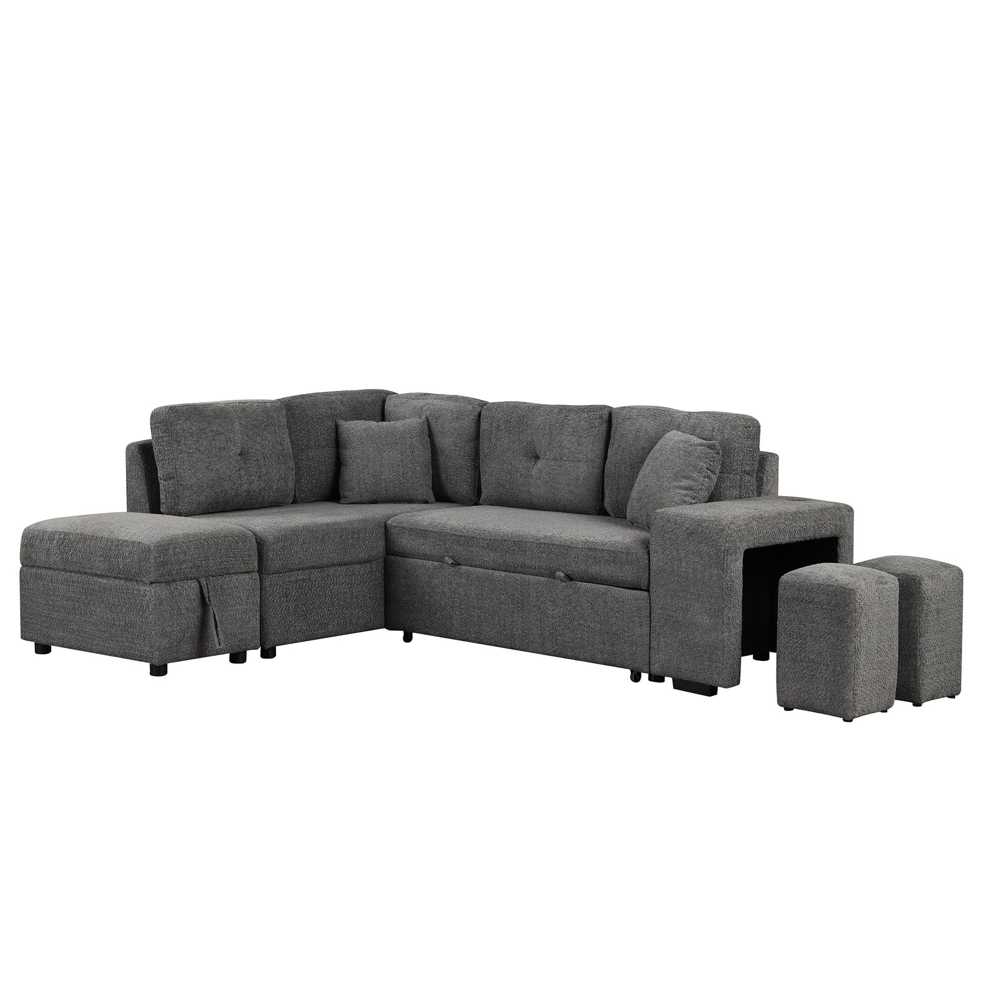 Convertible Sleeper, Sectional Pull Out Sofa Bed With Storage Ottoman, 2 Throw Pillows, 2 Stools, Wireless Charger And Two Hidden USB Ports For Living Room - Best Buy Furniture