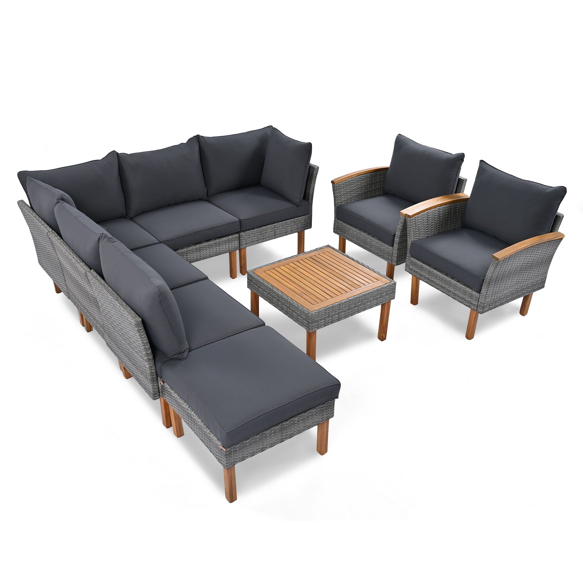 9 Piece Patio Rattan Furniture Set, Outdoor Conversation Set With Acacia Wood Legs And Tabletop, PE Rattan Sectional Sofa Set With Coffee Table, Washable Cushion - Best Buy Furniture