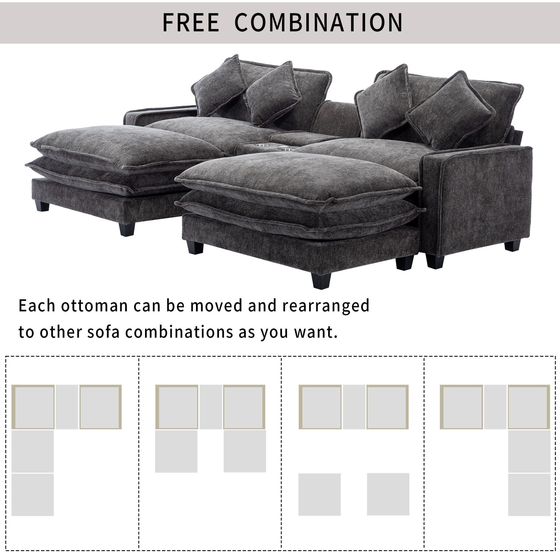 Sectional Sofa Chenille Upholstered Sofa With Two Removable Ottoman, Two USB Ports, Two Cup Holders And Large Storage Box For Living Room - Best Buy Furniture