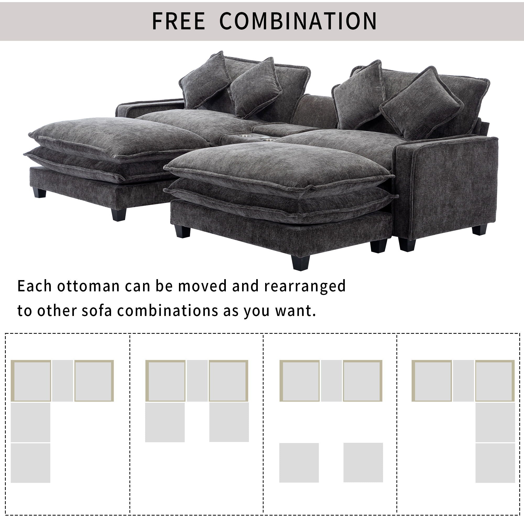 Sectional Sofa Chenille Upholstered Sofa With Two Removable Ottoman, Two USB Ports, Two Cup Holders And Large Storage Box For Living Room - Best Buy Furniture