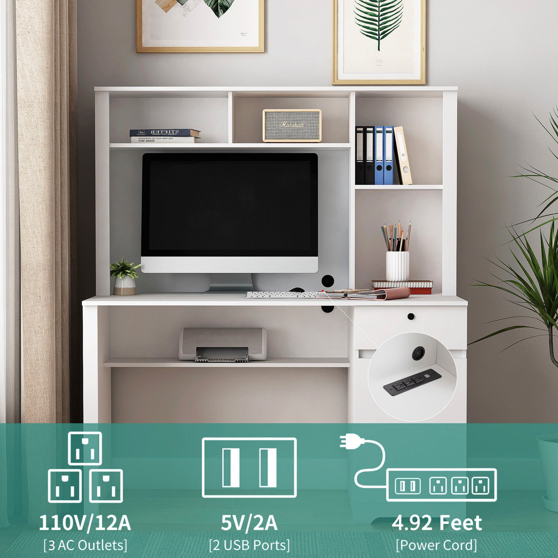 Computer Desk With Hutch & Bookshelf, Wood Executive Desk Teens Student Desk Writing Laptop Home Office Desk With Drawers, 3 Ac Outlets And 2 USB Charging Ports, Study Laptop Table For Home - White - Best Buy Furniture