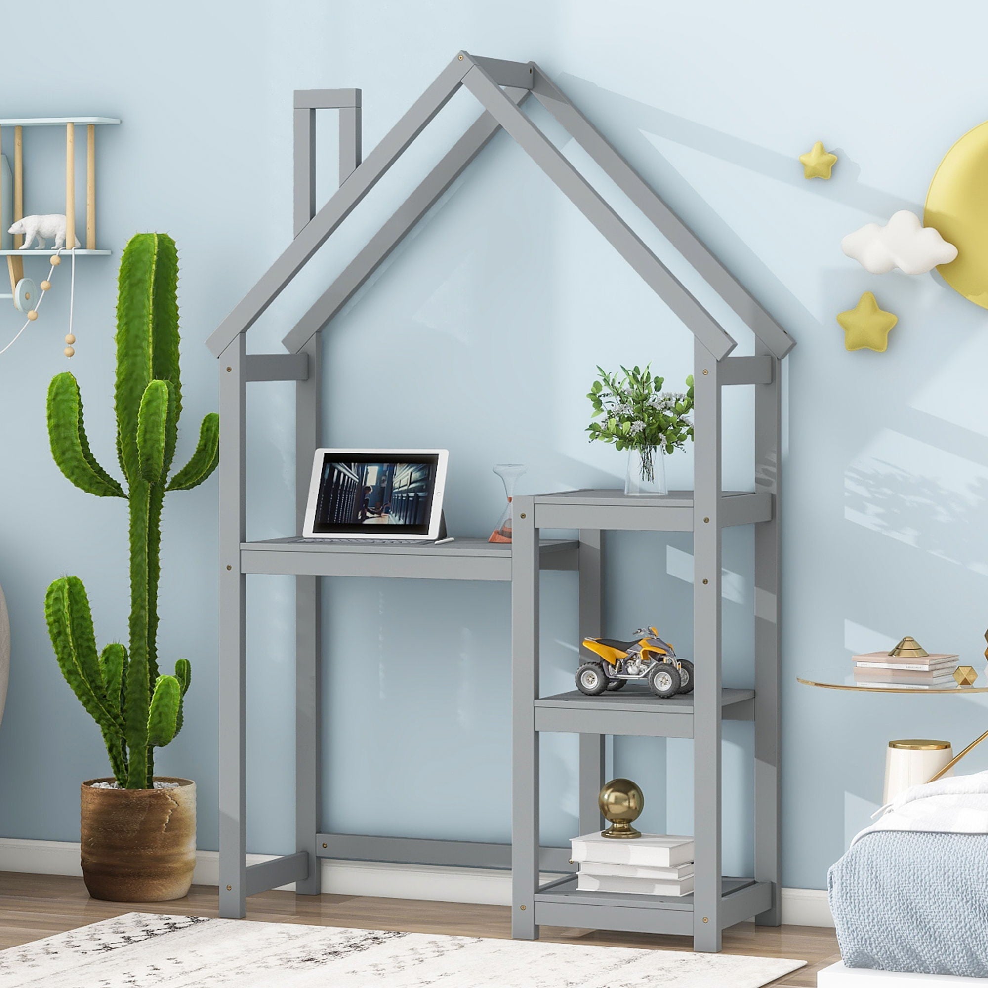 House-Shaped Wooden Writing Desk, Kids Study Table, Bookshelf & Toy Storage - Best Buy Furniture