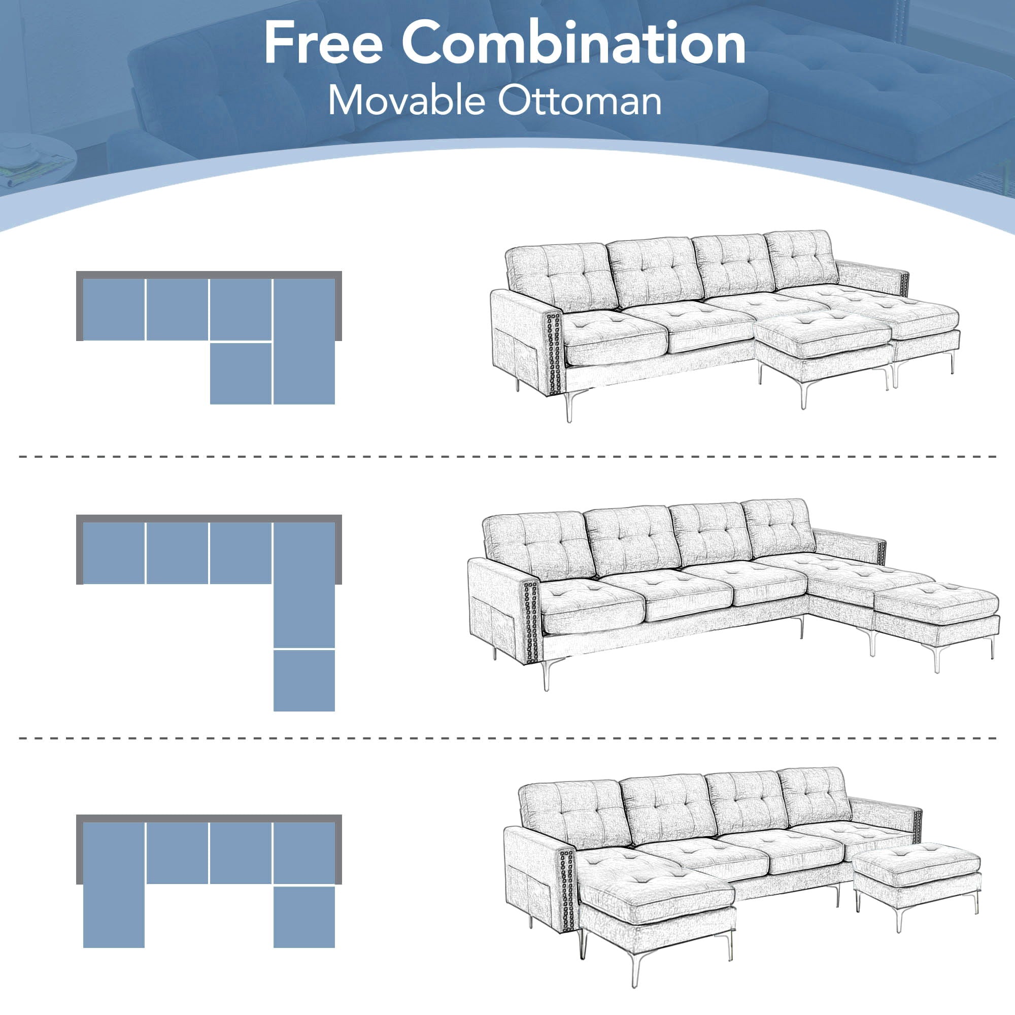 Modern L - Shape Convertible Sectional Sofa With Movable Ottoman - Best Buy Furniture