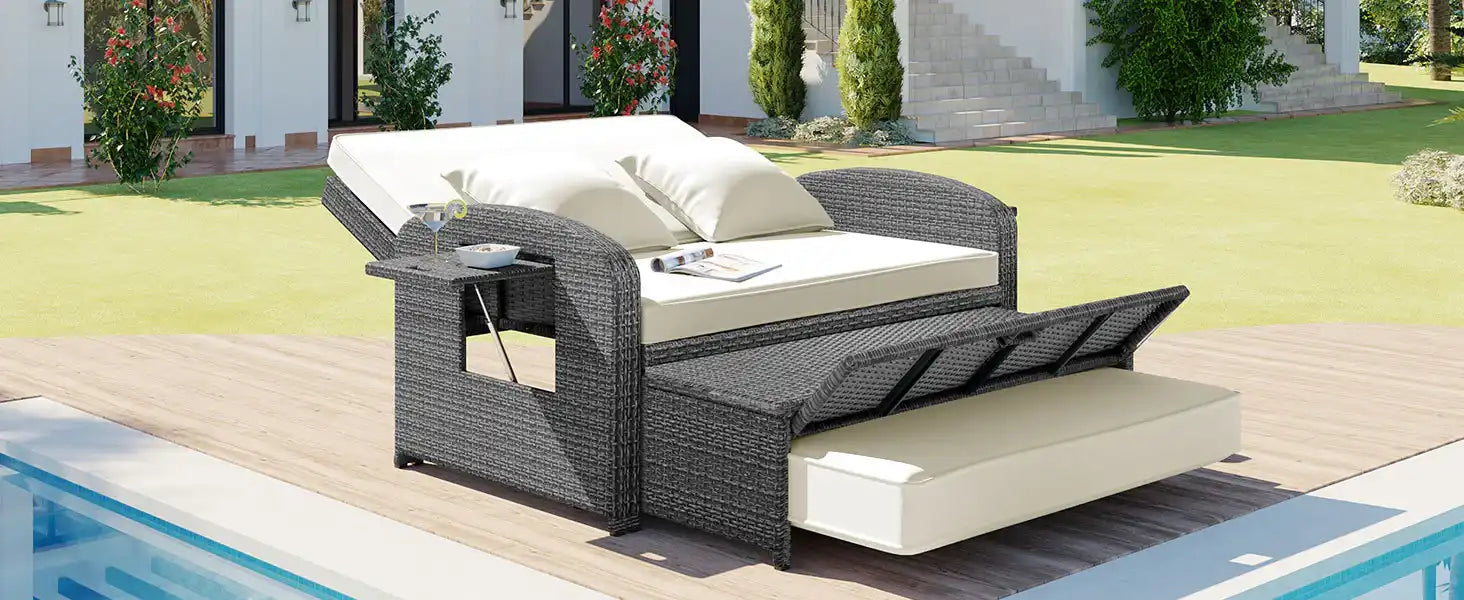 SunNest Wicker Rattan Double Chaise Lounge, 2-Person Reclining Daybed with Adjustable Back and Cushions - Best Buy Furniture