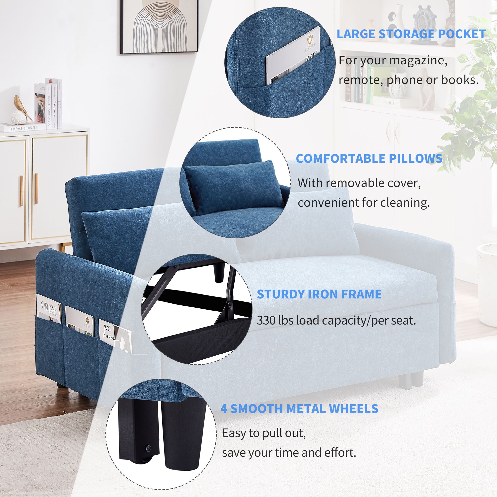 Pull Out Sleep Sofa Bed Loveseats Sofa Couch With Adjsutable Backrest, Storage Pockets, 2 Soft Pillows, USB Ports For Living Room, Bedroom, Apartment, Office - Best Buy Furniture