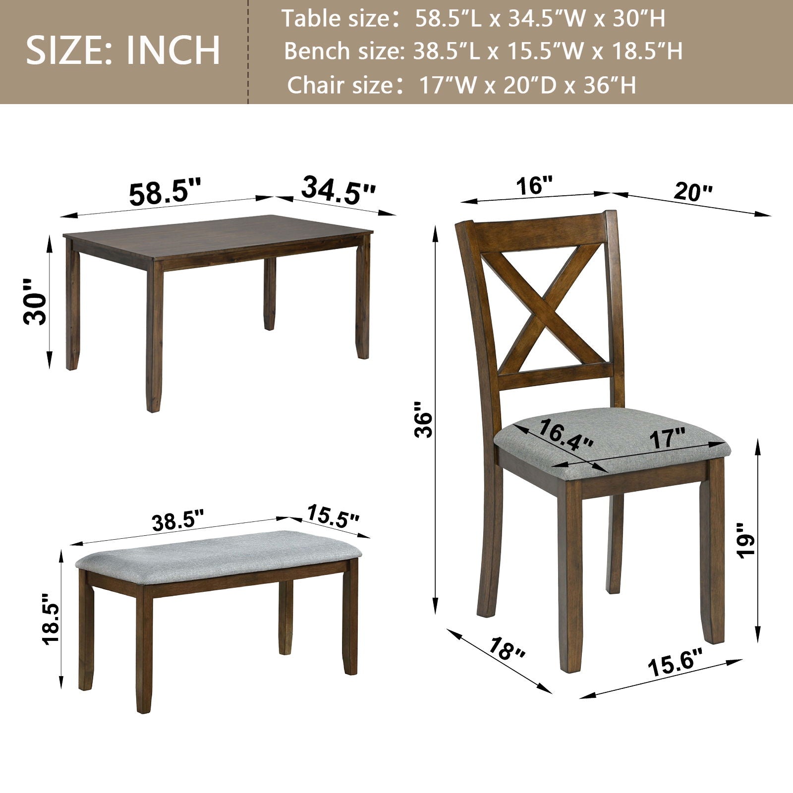 6 Pieces Kitchen Dining Set, Rectangular Wooden Dining Table With 4 Chairs And A Bench - Best Buy Furniture