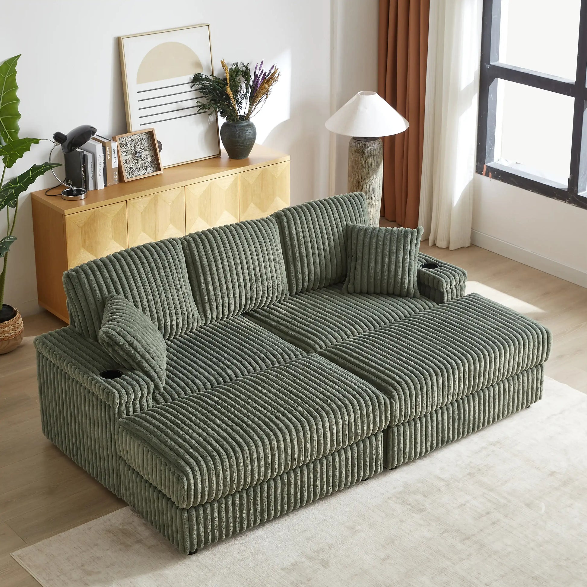 Xena Modern Corduroy Sofa With Cupholders with Storage And Ottomans - Best Buy Furniture