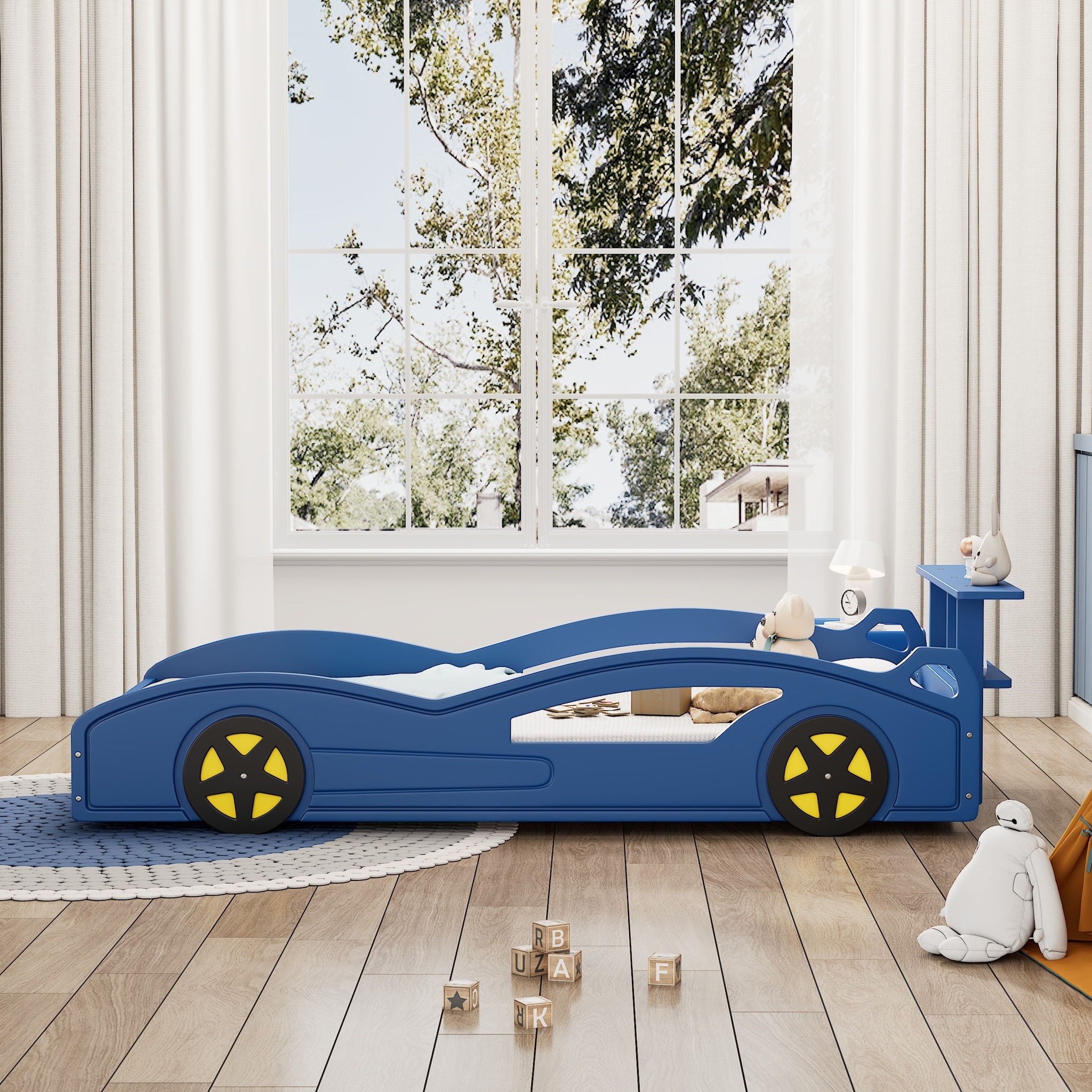 Wooden Race Car Bed, Car Shaped Platform Twin Bed With Wheels For Teens - Best Buy Furniture