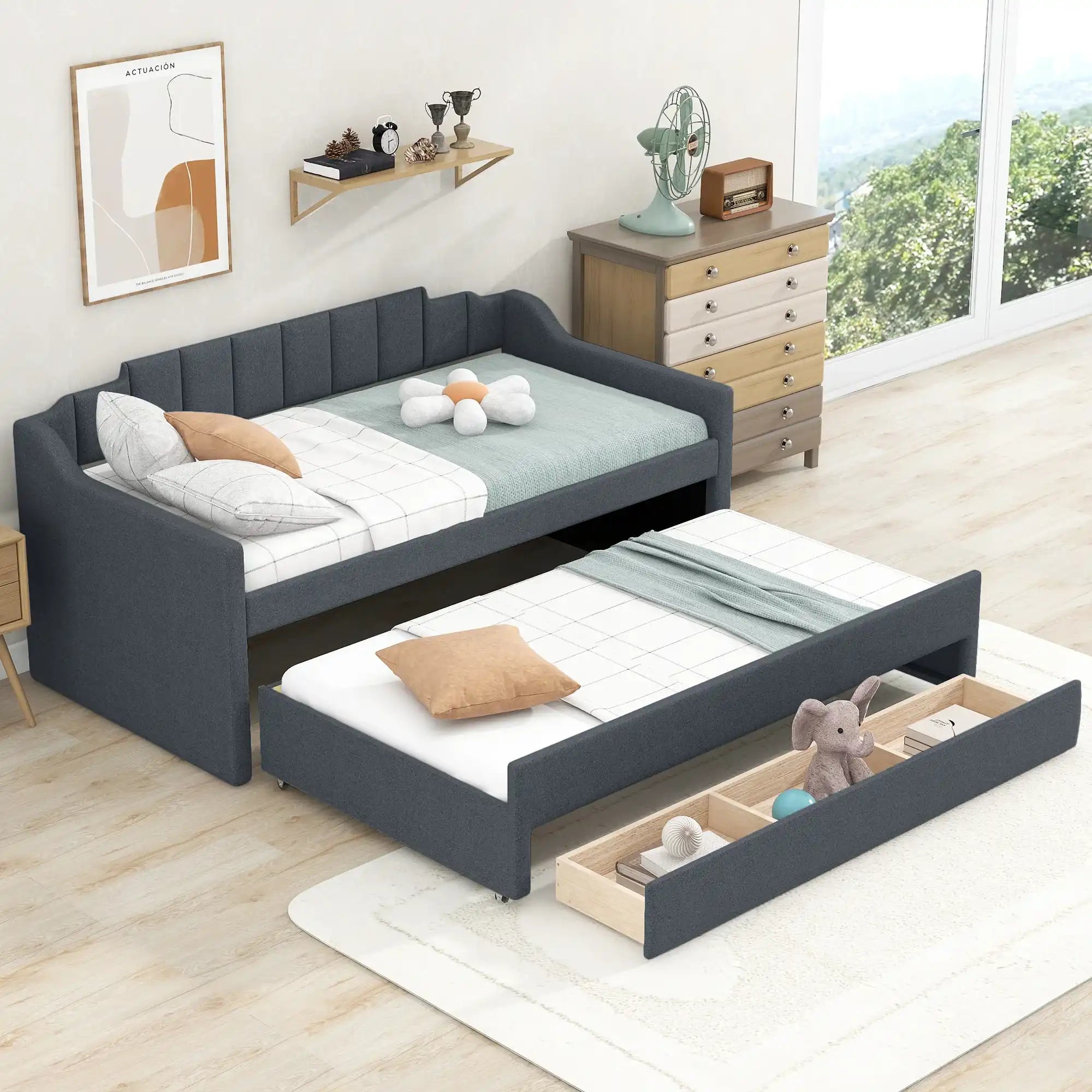 Twin Size Upholstered Daybed with Trundle and Three Drawers,Grey - Best Buy Furniture