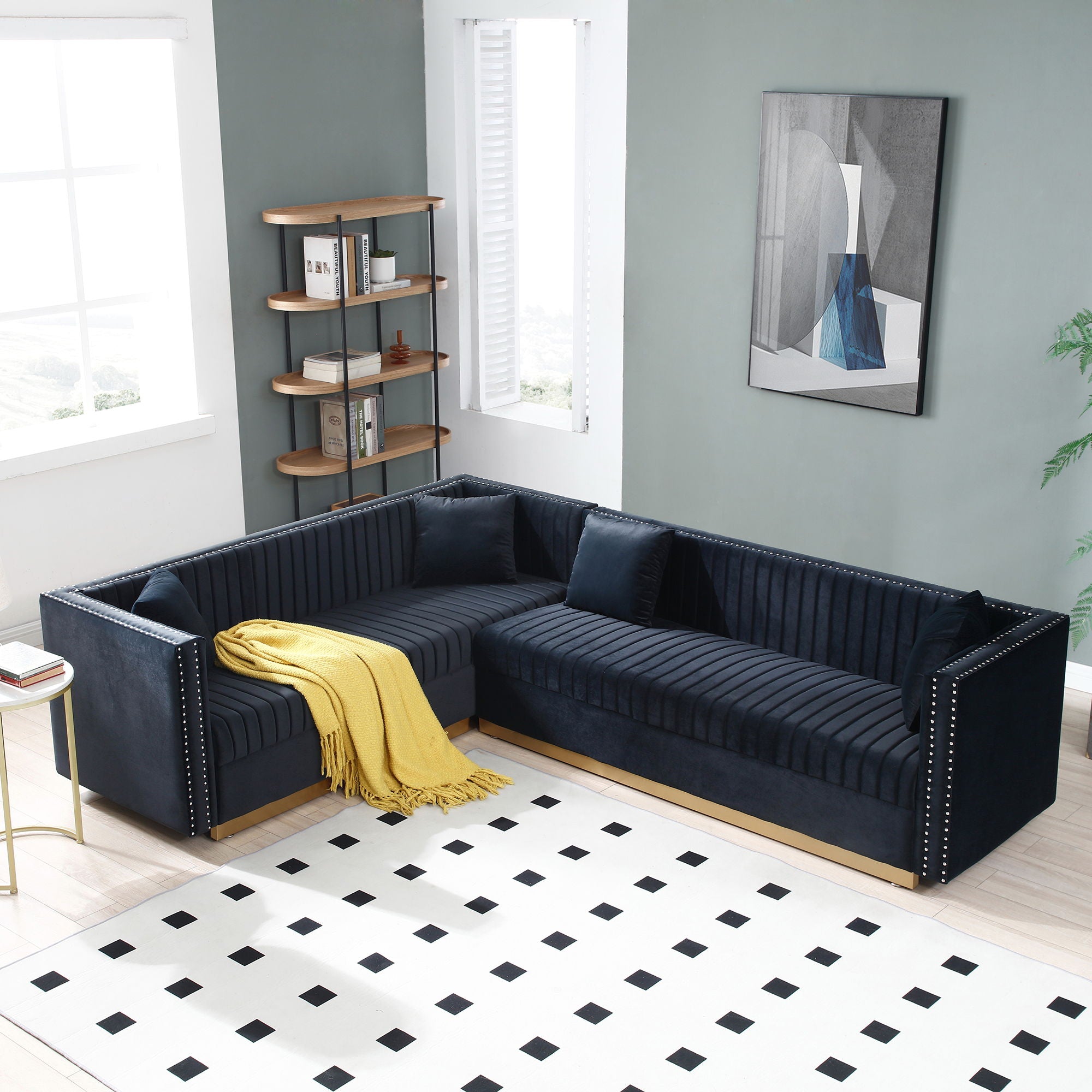 Contemporary Vertical Channel Tufted Velvet Sectional Sofa For Living Room With 4 Pillows - Best Buy Furniture