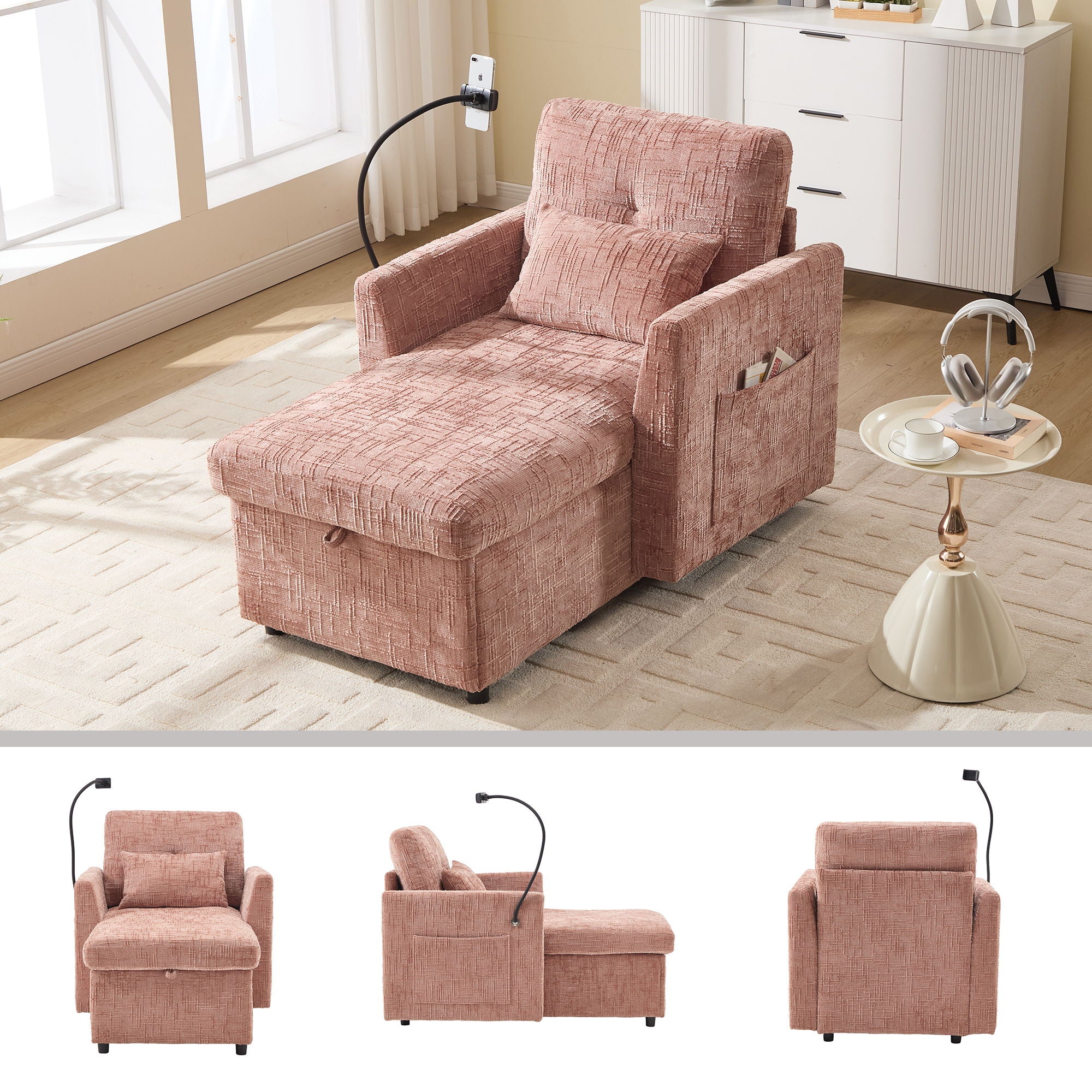 Multifunctional Chenille Recliner Sofa With Storage And Phone Bracket - Best Buy Furniture