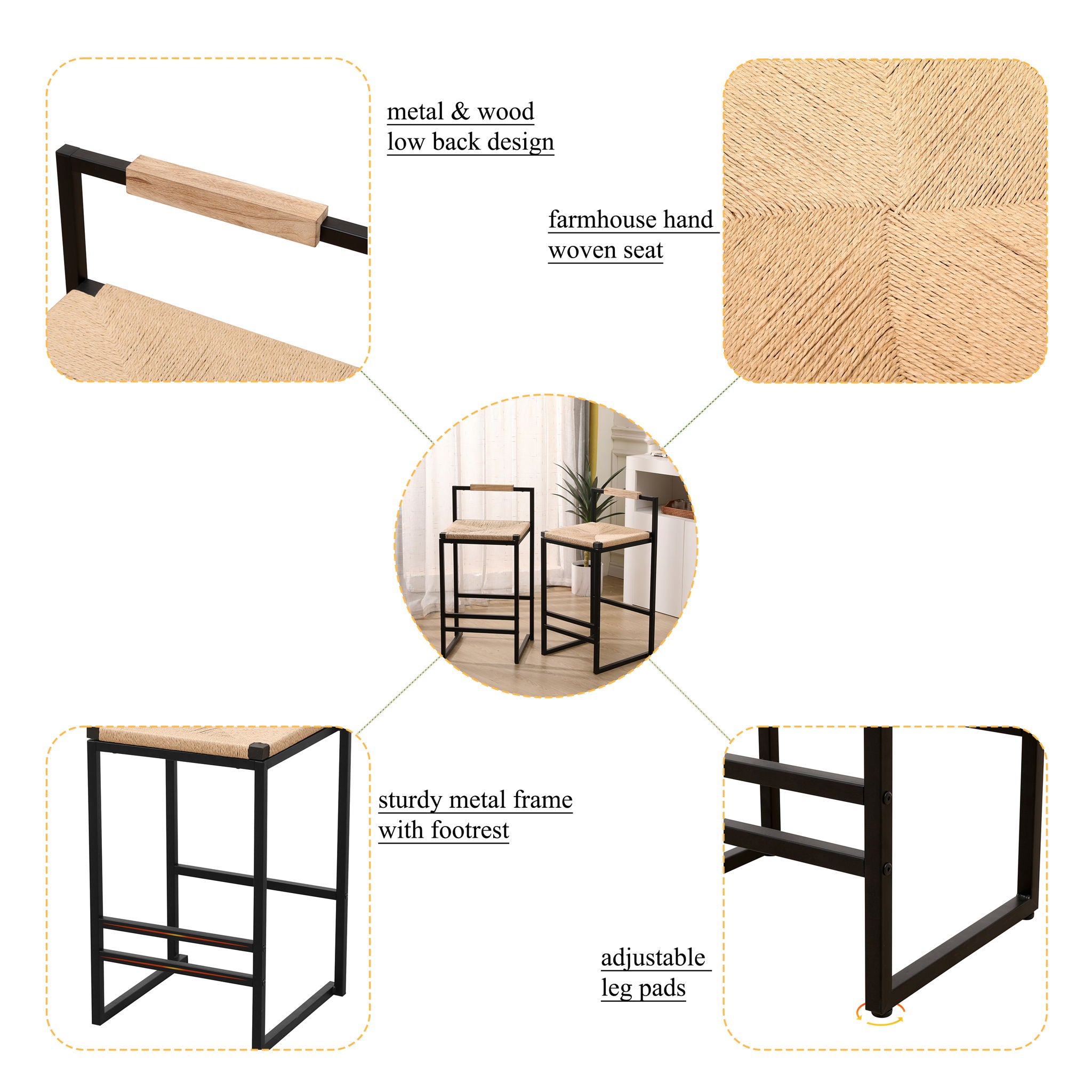 Stylish (Set of 2) Bar Stools With Backrest And Paper Rope Woven Seat, Counter Height Dining Chairs For Kitchen - Natural - Best Buy Furniture