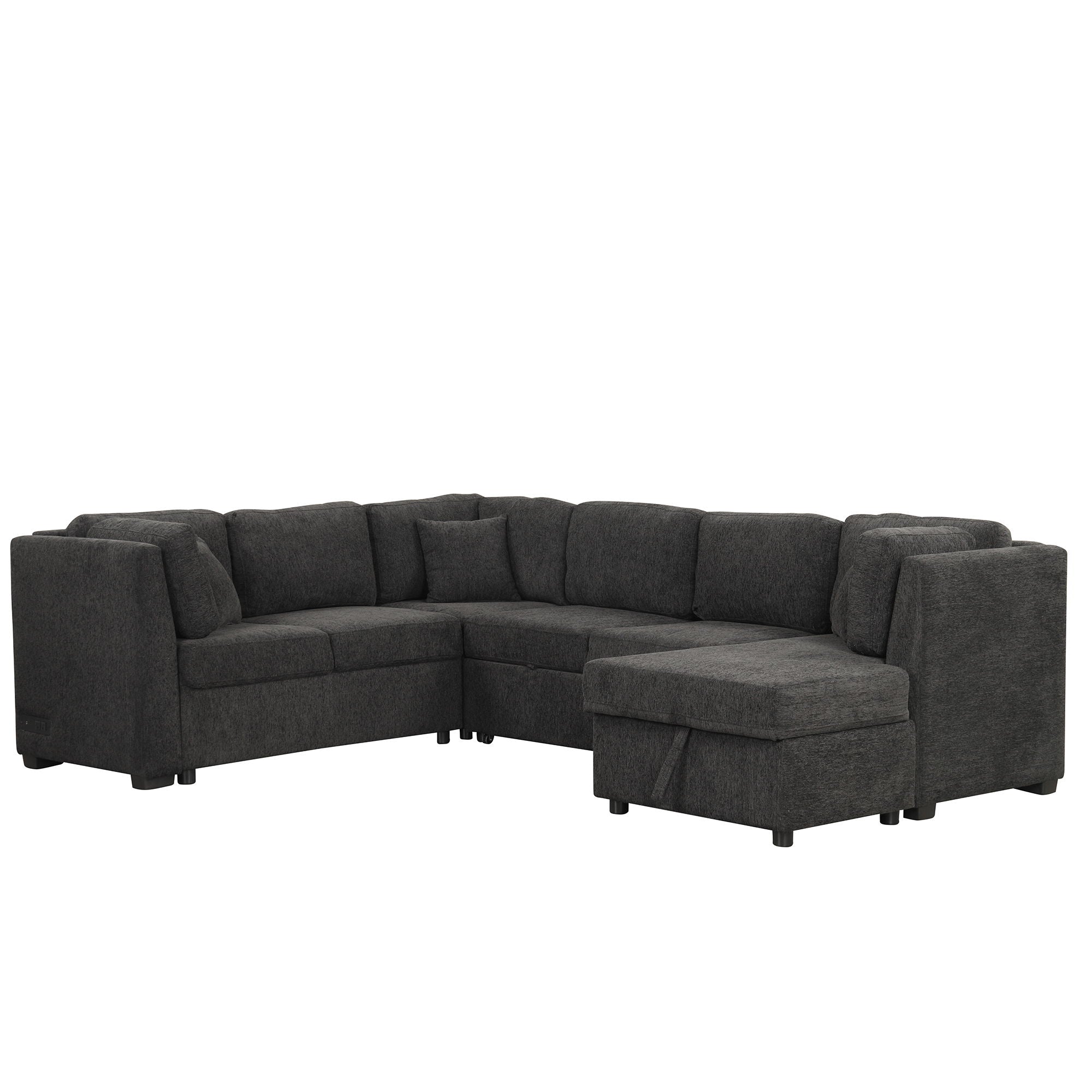 U-Shaped Sectional Sofa Pull Out Sofa Bed With Two USB Ports, Two Power Sockets, Three Back Pillows And A Storage Chaise For Living Room - Best Buy Furniture