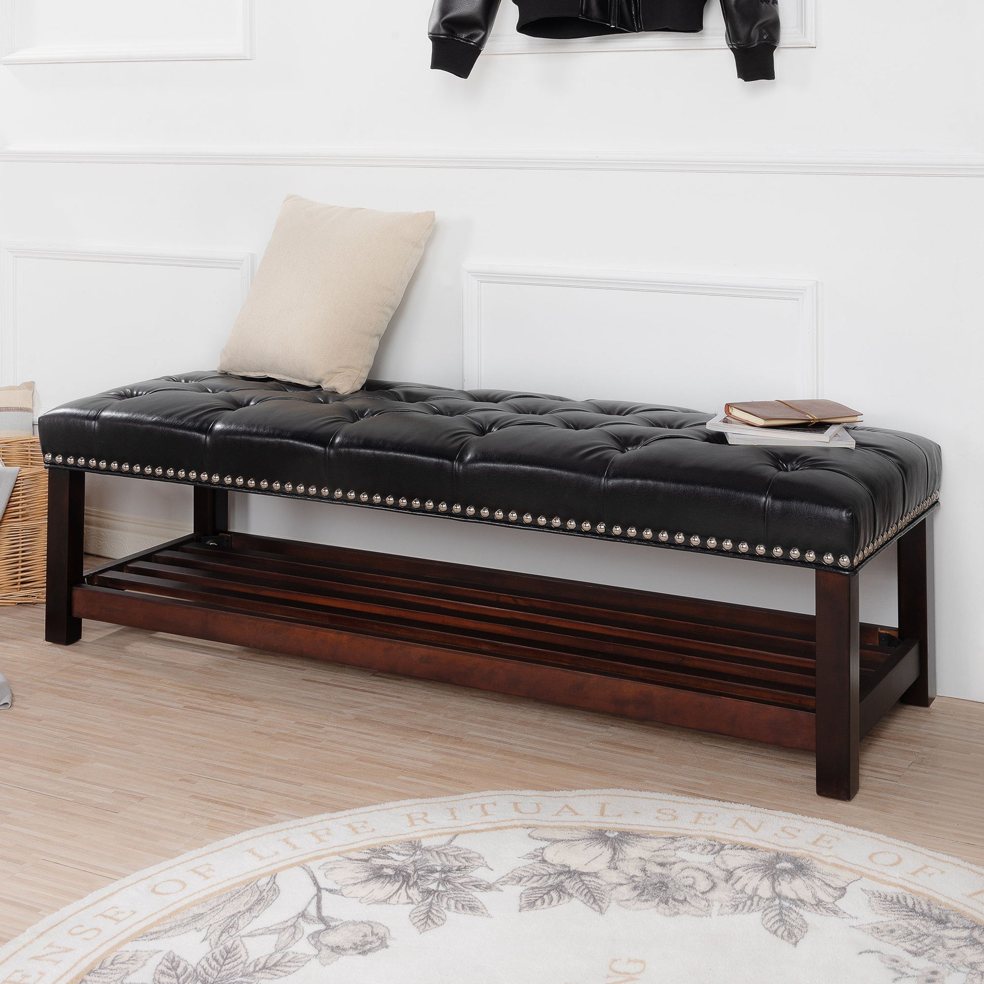 Bedroom End Of Bed Bench Tufted Upholstered End Of Bed Bench End Of Bed Entrance Shoe Bench With Nailhead Trim And Shelf Bedroom Upholstered Leather Bench Living Room Shoe Rack Footstool - Best Buy Furniture