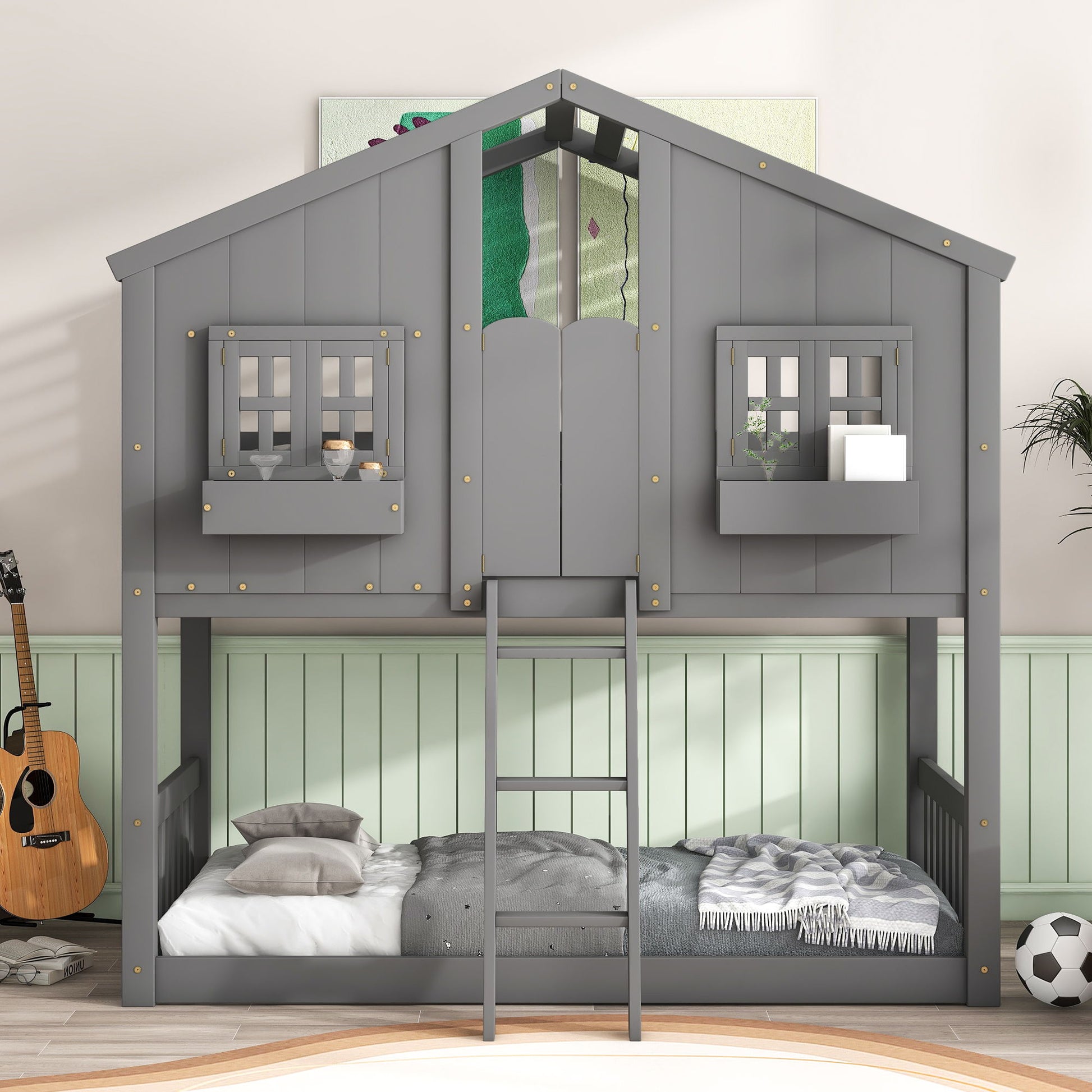 House Bunk Bed With Roof, Window, Window Box, Door, With Safety Guardrails And Ladder - Best Buy Furniture