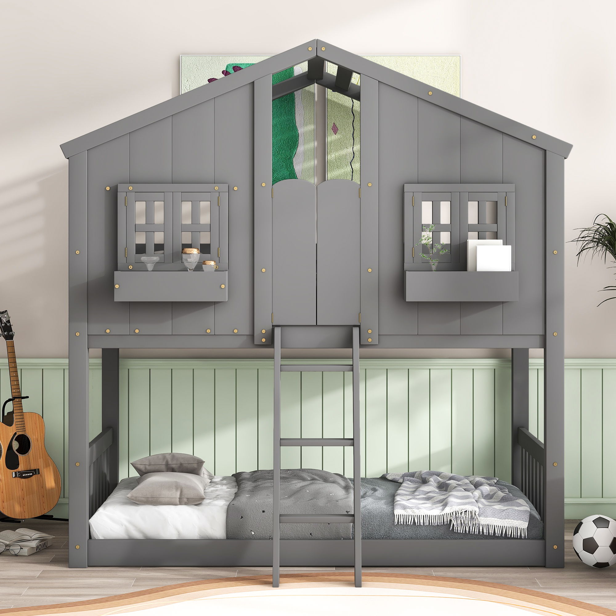 House Bunk Bed With Roof, Window, Window Box, Door, With Safety Guardrails And Ladder - Best Buy Furniture