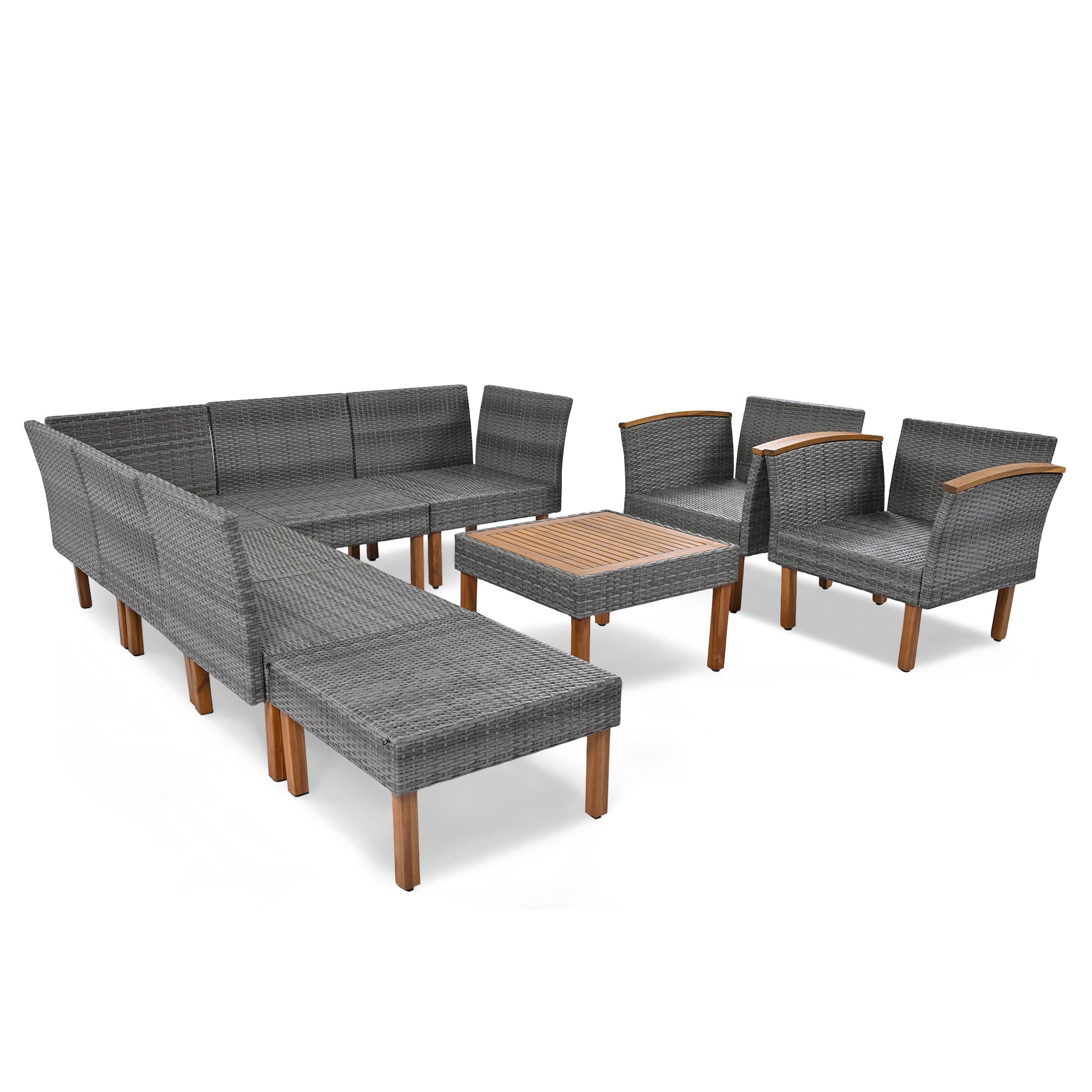 9 Piece Patio Rattan Furniture Set, Outdoor Conversation Set With Acacia Wood Legs And Tabletop, PE Rattan Sectional Sofa Set With Coffee Table, Washable Cushion - Best Buy Furniture