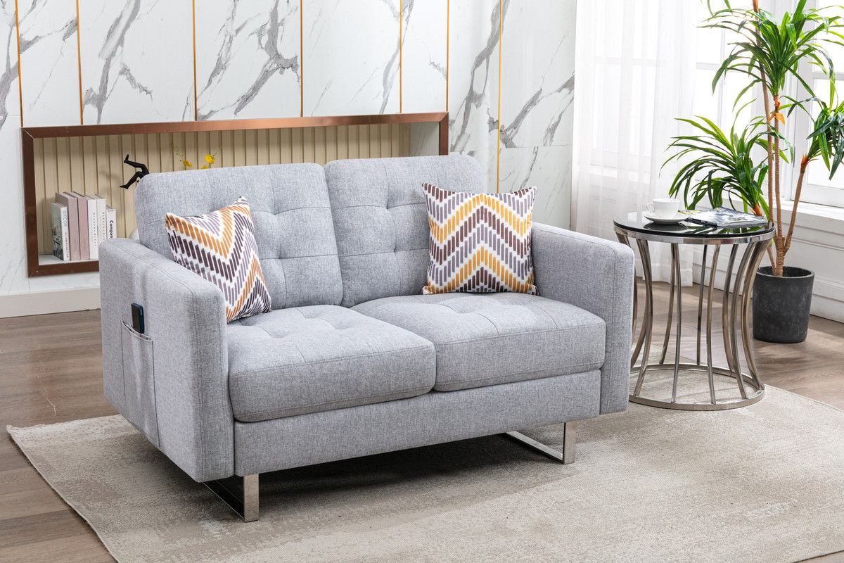 Victoria - Linen Fabric Loveseat With Metal Legs, Side Pockets, And Pillows - Best Buy Furniture