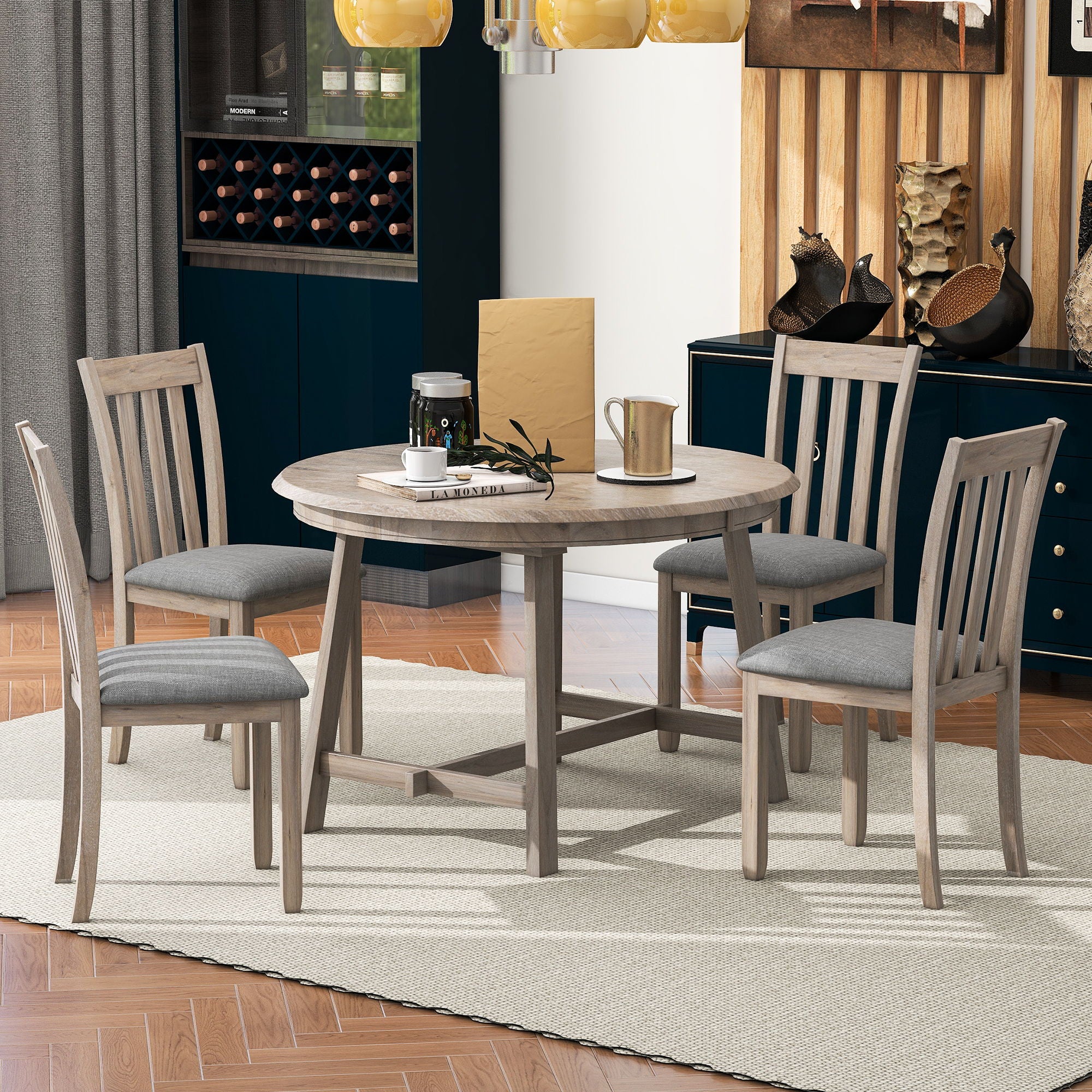 5 Piece Wood Dining Table Set With Extendable Round Table And 4 Chairs - Best Buy Furniture