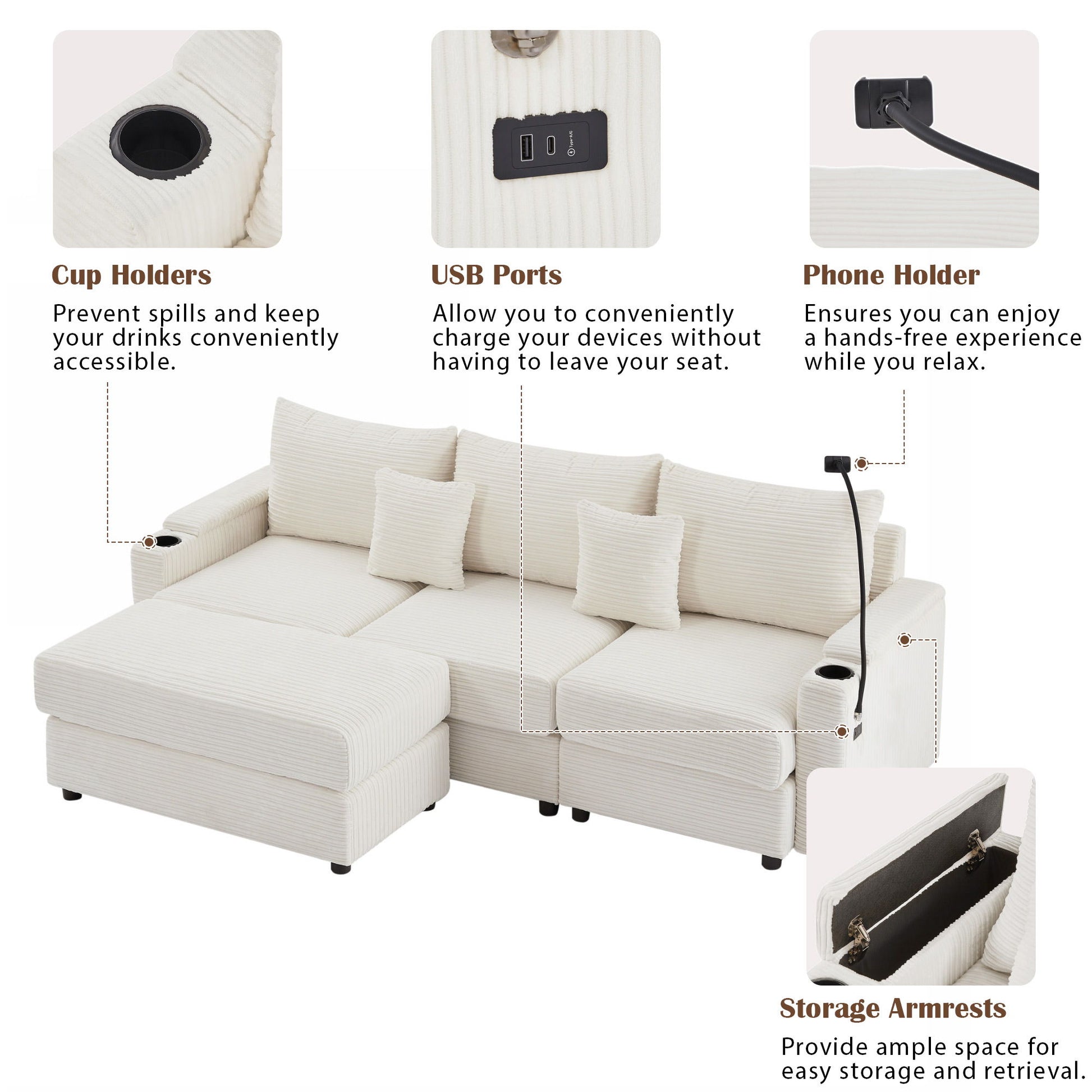 Modern Style Loveseat Sofa Sectional Sofa Couch With Storage Space, A Movable Ottoman, Two USB Ports, Two Cup Holders, A Phone Holder For Living Room - Best Buy Furniture