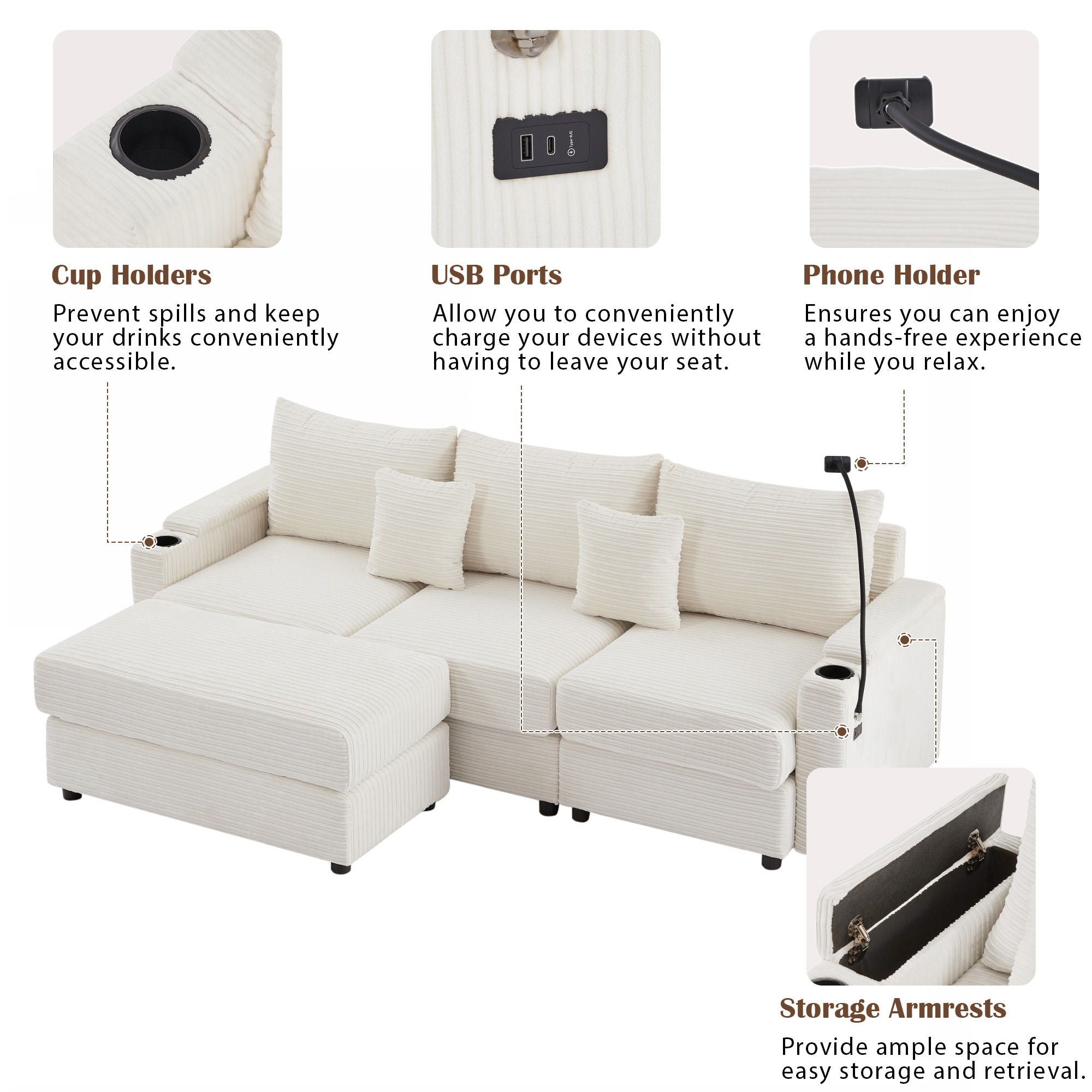 Modern Style Loveseat Sofa Sectional Sofa Couch With Storage Space, A Movable Ottoman, Two USB Ports, Two Cup Holders, A Phone Holder For Living Room - Best Buy Furniture