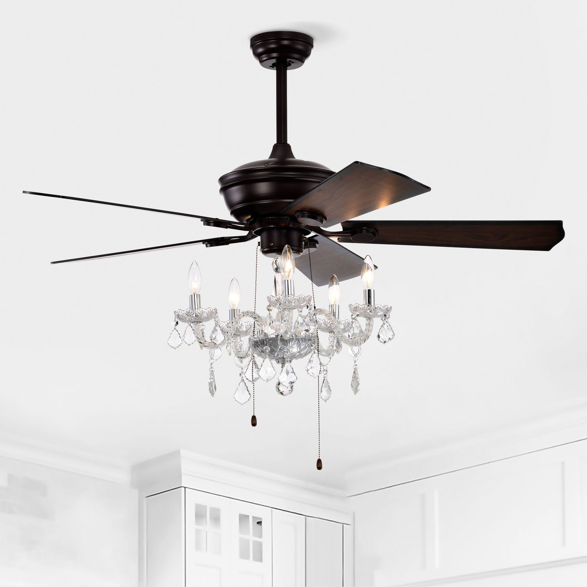 52" Crystal Shade Ceiling Fan Lamp, 3 Speed, 4 Timing, 5 Reversible Blades Crystal Ceiling Fan, 5 Pieces X E12 (No Include Bulb), Hand Pull Chain - Matte Black - Best Buy Furniture