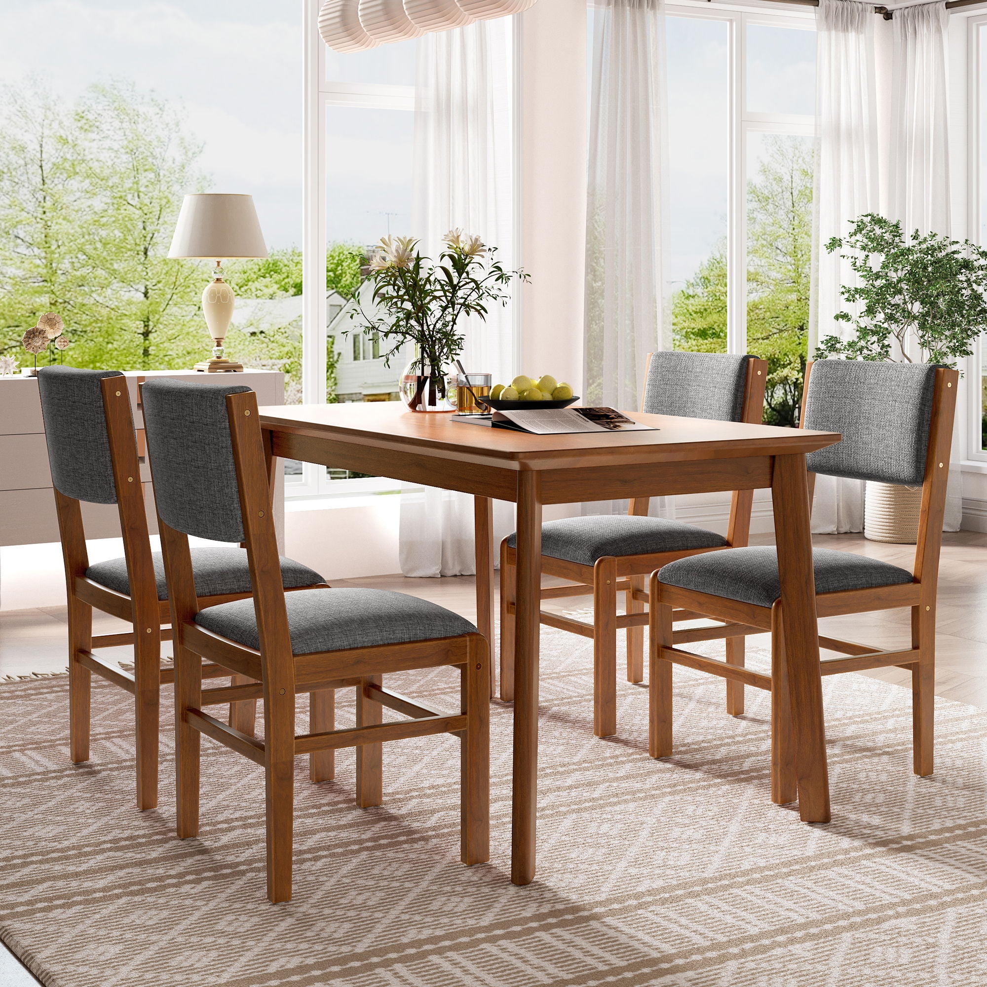 5 Pieces Rectangle Wooden Dining Table Set, Mid Century Modern Kitchen Table And 4 Upholstered Chairs For Home, Saving Space - Brown / Gray - Best Buy Furniture