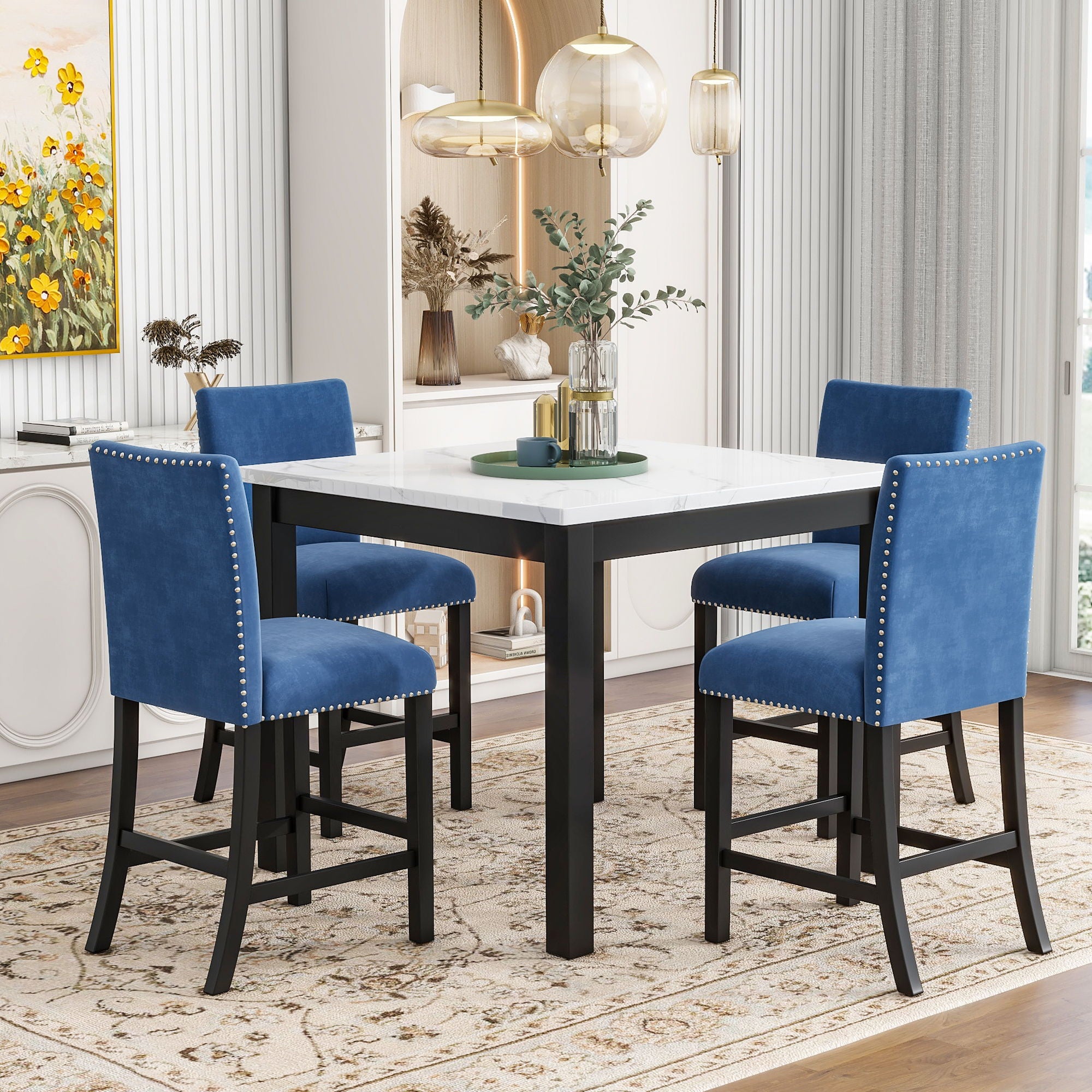 5-Piece Counter Height Dining Table Set With One Faux Marble Top Dining Table And Four Velvet Upholstered Chairs - Best Buy Furniture
