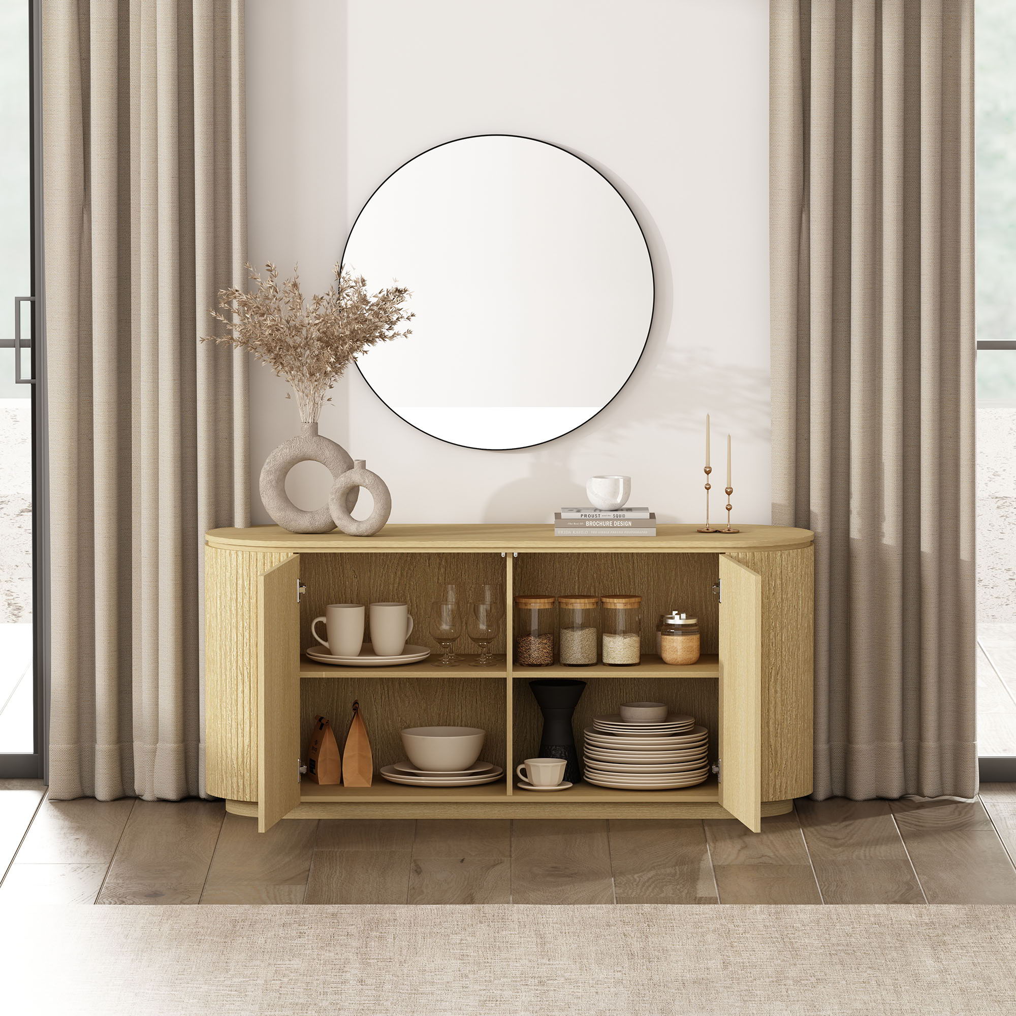 Olivia - Sideboard With 4 Adjustable Shelves With Handle Free Doors And Rounded Edges - Oak