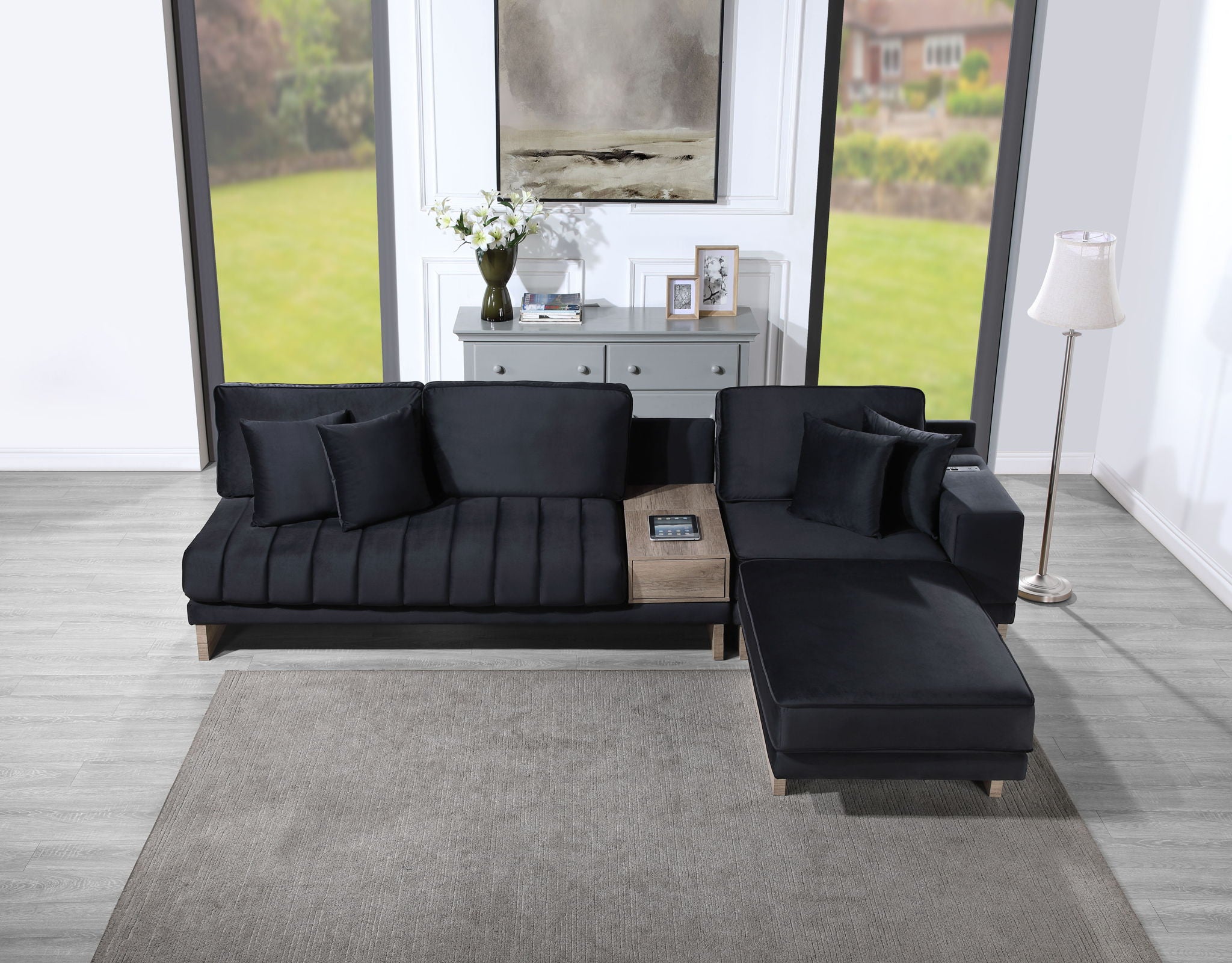 Memphis - Velvet Reversible Sectional Sofa Ottoman With Storage Compartment, Drawer, USB ports, Charging Outlets - Best Buy Furniture