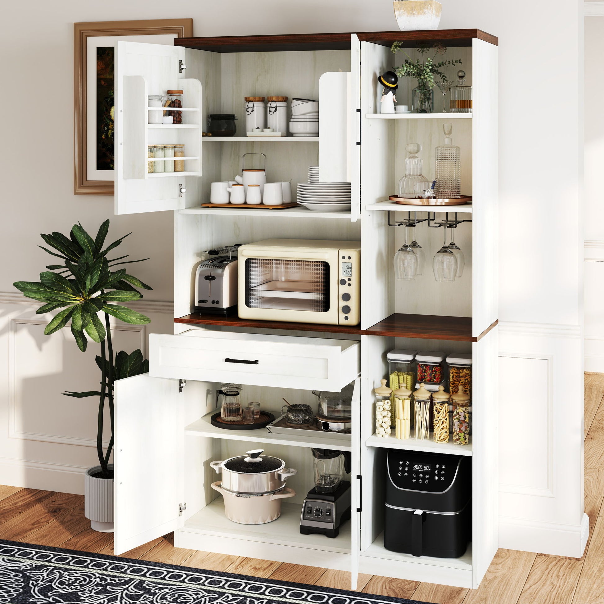 Farmhouse Kitchen Pantry Sideboard With Cabinet And Drawer, Multi Functional Kitchen Buffet With Hutch And Glass Holder, Microwave Stand With Charging Station - Brown / Antique White - Best Buy Furniture