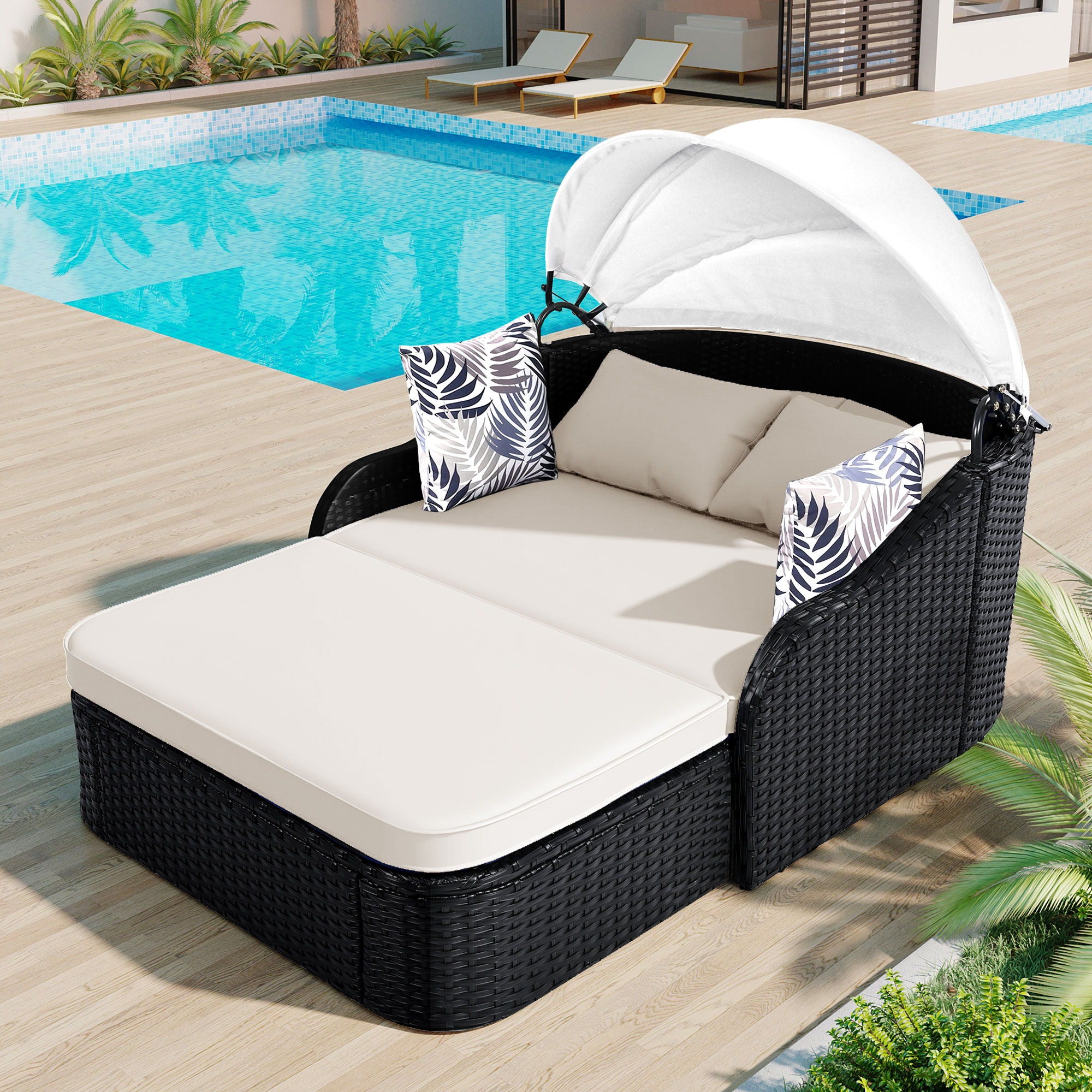 Outdoor Sunbed With Adjustable Canopy, Double Lounge, Daybed - Black / Beige - Best Buy Furniture