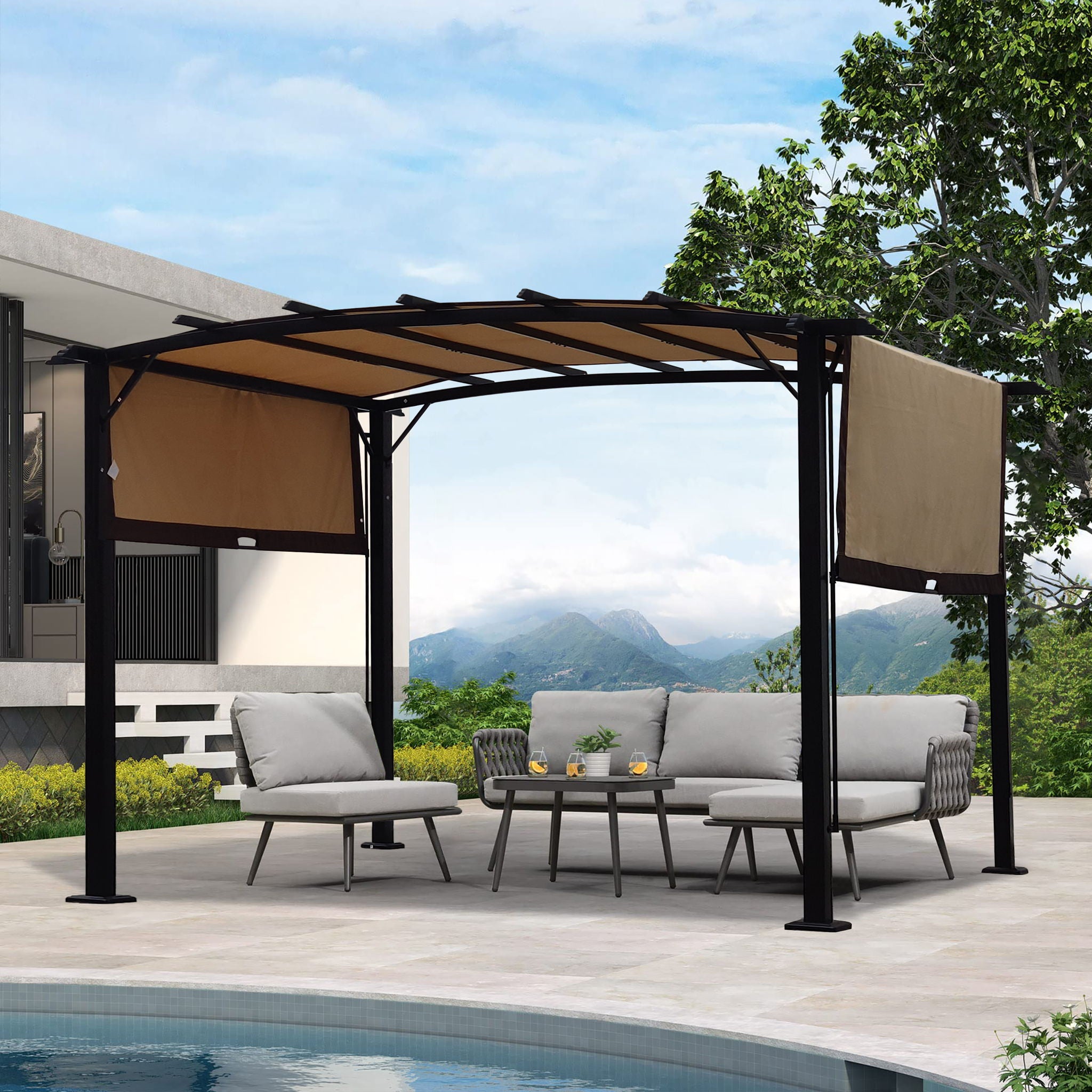 Outdoor Patio Pergola Gazebo - Steel Frame Sun Shelter With Retractable Canopy - Best Buy Furniture
