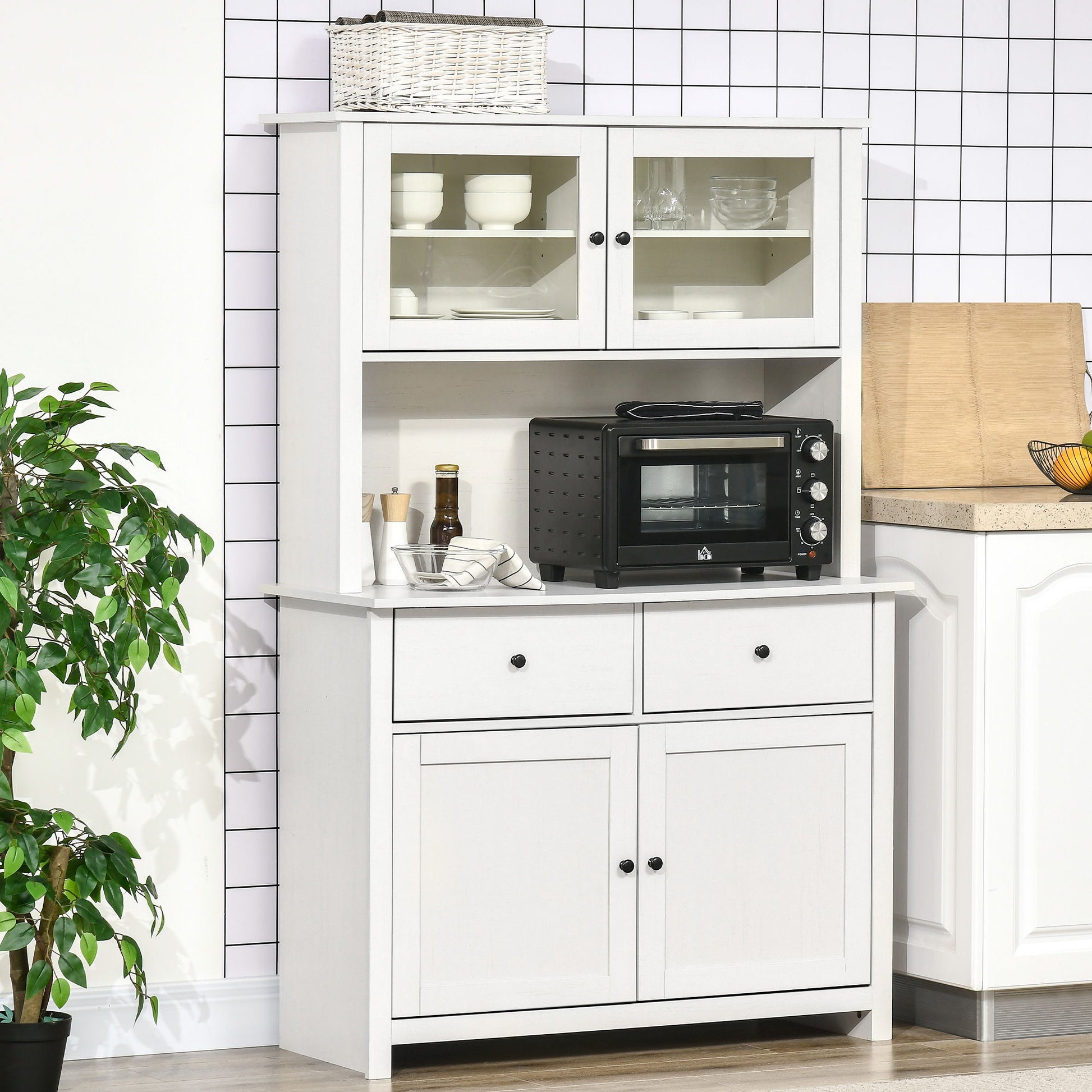Homcom - 63.5" Kitchen Buffet With Hutch, Pantry Storage Cabinet With 4 Shelves, Drawers, Framed Glass Doors, Open Microwave Countertop - Antique White - Best Buy Furniture