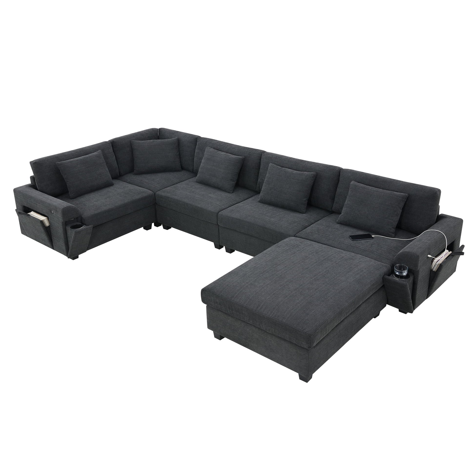 U Shaped Sectional Sofa 6 Seat Couch Set With Oversized Ottoman, Hidden Armrest Storage And Cup Holders USB Charging Ports Wide Seat Sofa - Best Buy Furniture