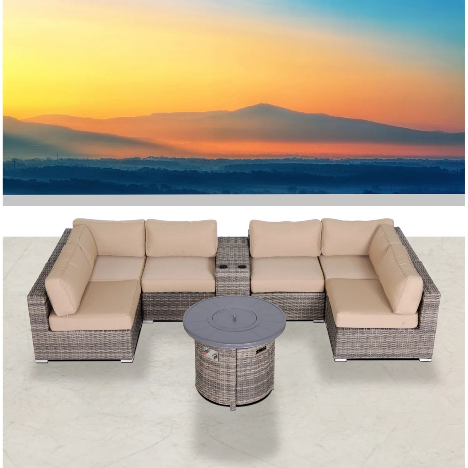 Wicker Outdoor Lounge Set With Cushions And Fire Pit - Best Buy Furniture