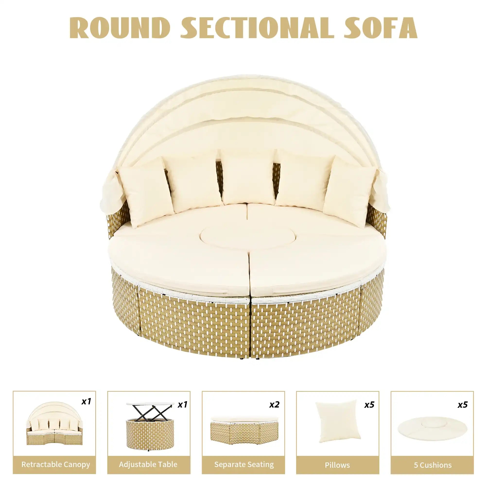 TOPMAX Round Outdoor Sectional Sofa Set Rattan Daybed - Best Buy Furniture