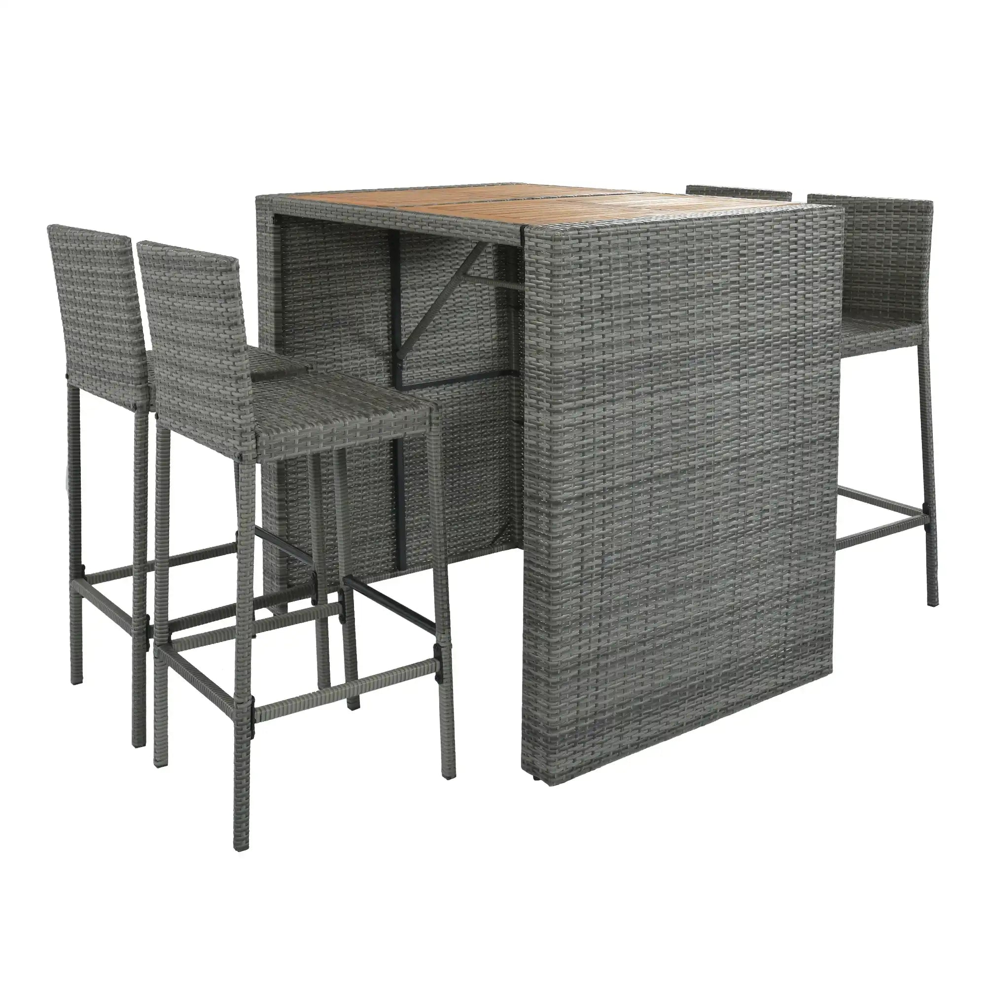 5 Piece Outdoor Wicker Bar Set with Acacia Wood Table, Brown & Gray - Best Buy Furniture