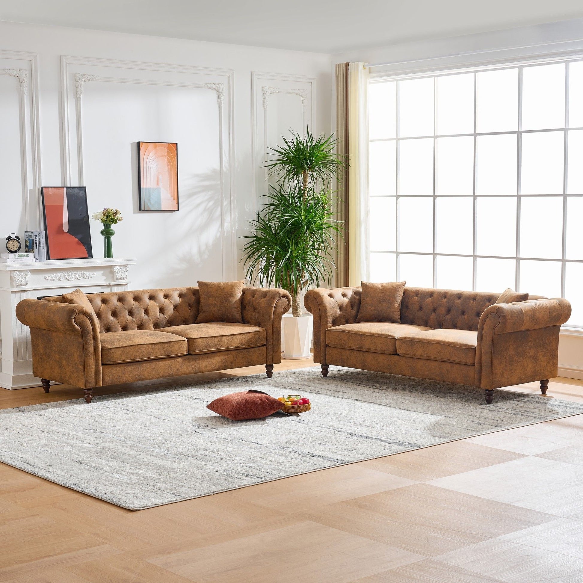 Chesterfield 3 And 3 Seater Sofa Set High Tech Fabric Roll Armrest Upholstered Couch - Best Buy Furniture
