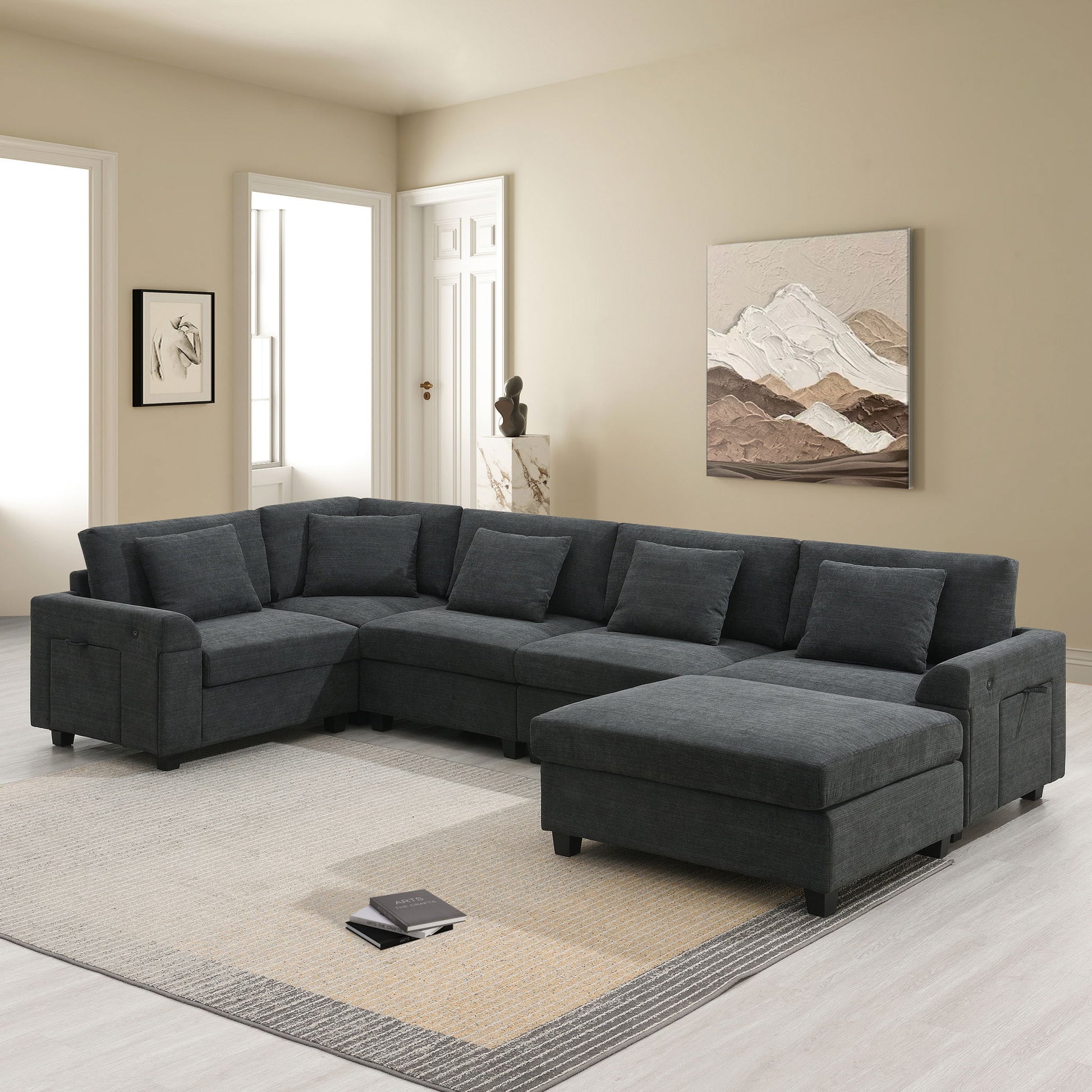 U Shaped Sectional Sofa 6 Seat Couch Set With Oversized Ottoman, Hidden Armrest Storage And Cup Holders USB Charging Ports Wide Seat Sofa - Best Buy Furniture